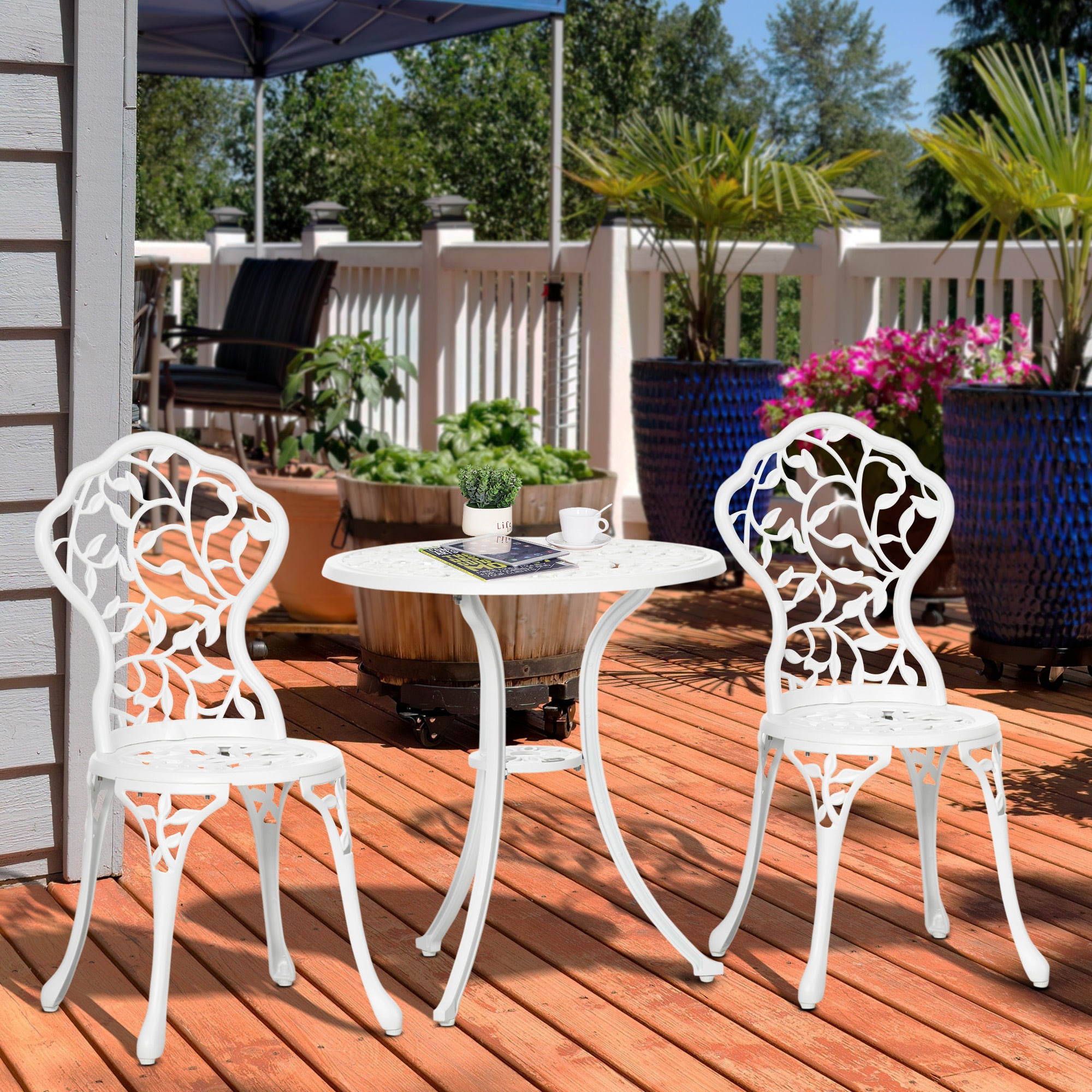 3-Piece Aluminum Garden Set in White with Floral Design, 2 Outdoor Chairs 45x42x85.5 cm and Round Table Ø61x66.5 cm