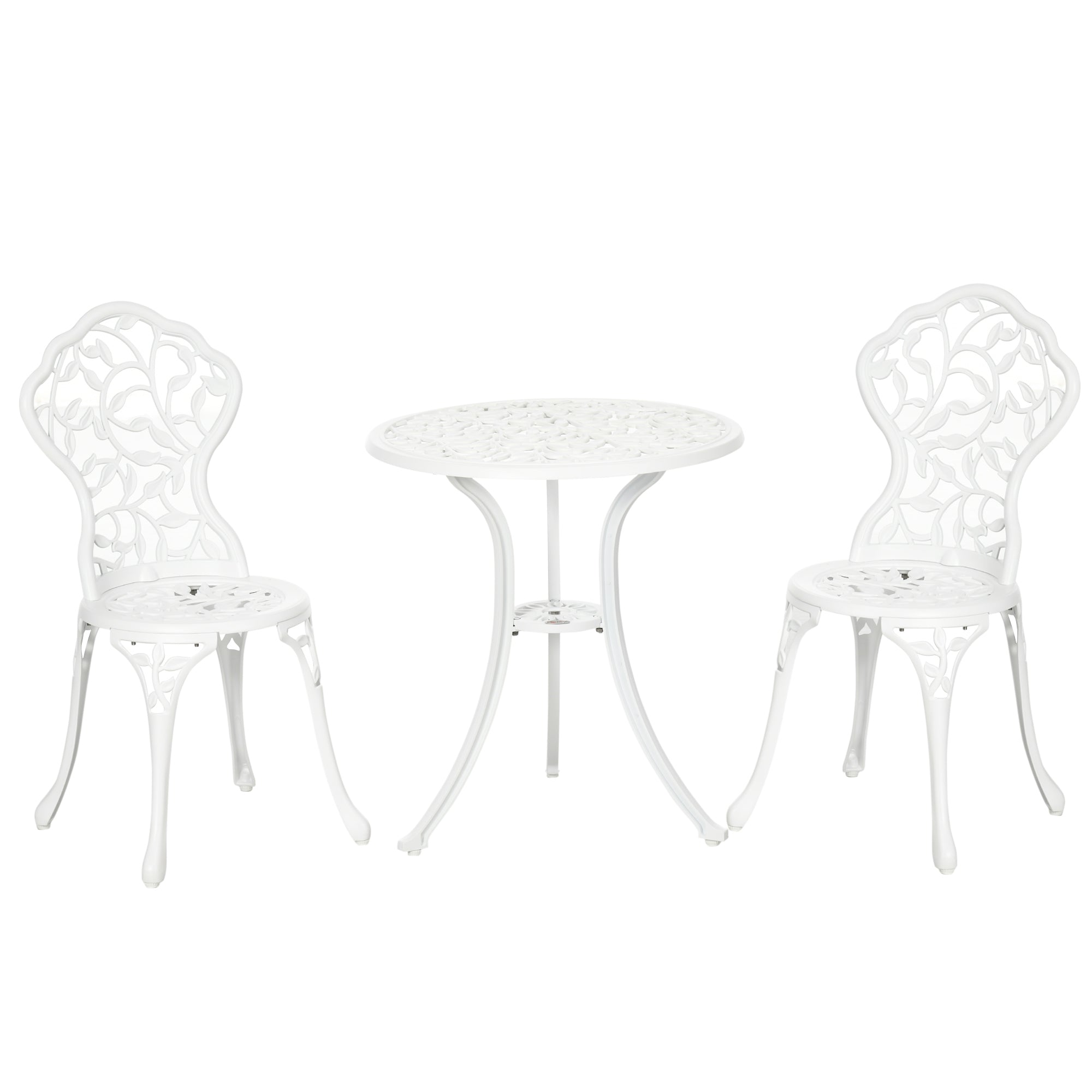 3-Piece Aluminum Garden Set in White with Floral Design, 2 Outdoor Chairs 45x42x85.5 cm and Round Table Ø61x66.5 cm