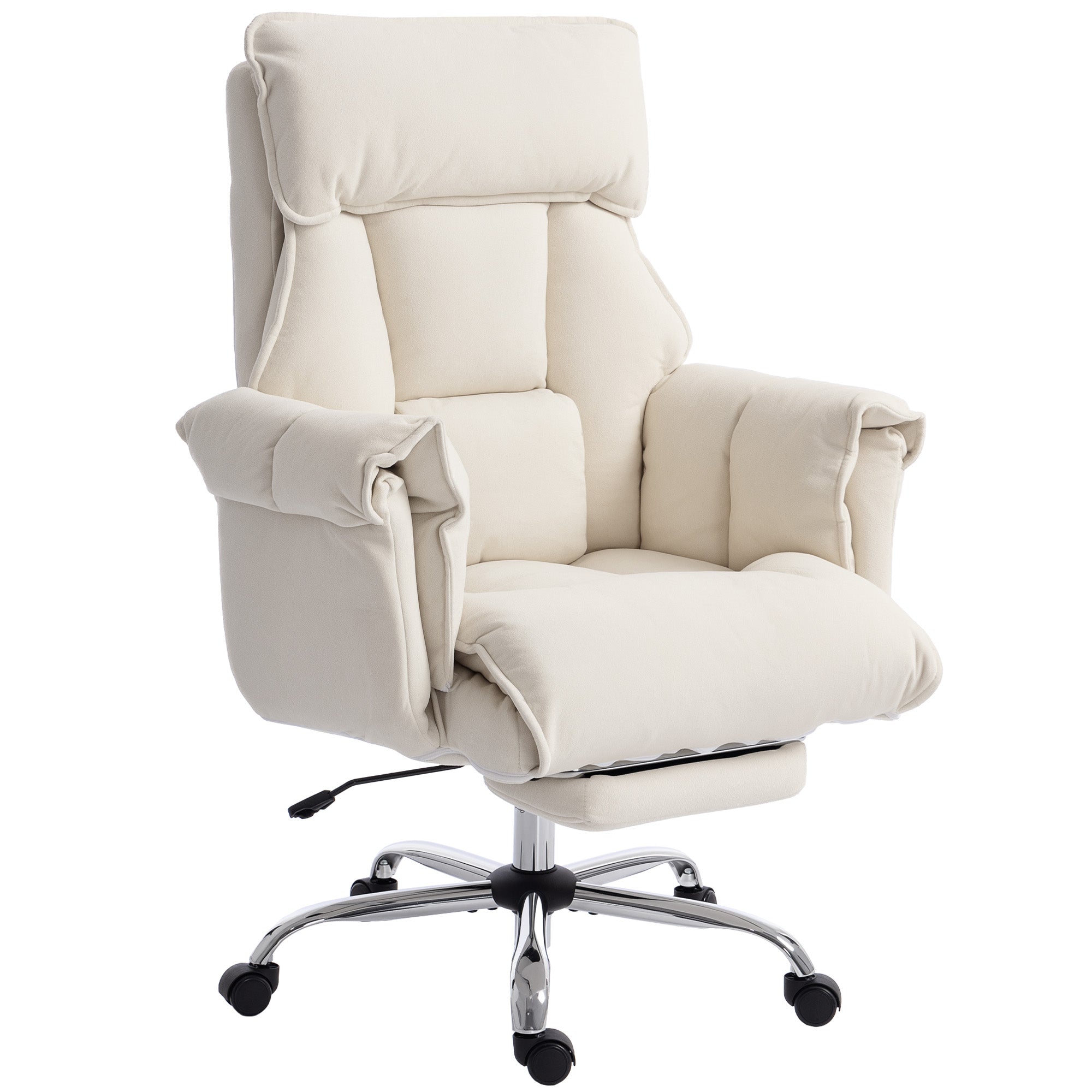 Swivel Office Chair with Lumbar Support, Armrests & Extendable Footrest — Snow-Flannel Padded, Height Adjustable, Cream