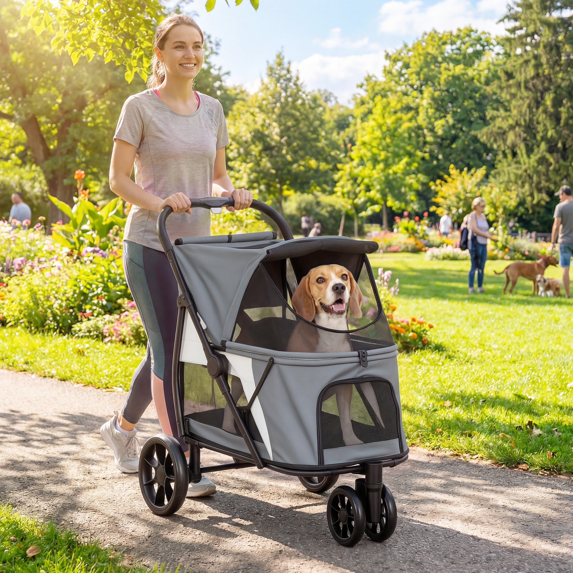Foldable Dog Stroller / Pet Buggy for Dogs & Cats — Up to 44 lb (20 kg), Washable Cushion, Mesh Windows, 3 Wheels, Door, Rear Pocket, Gray