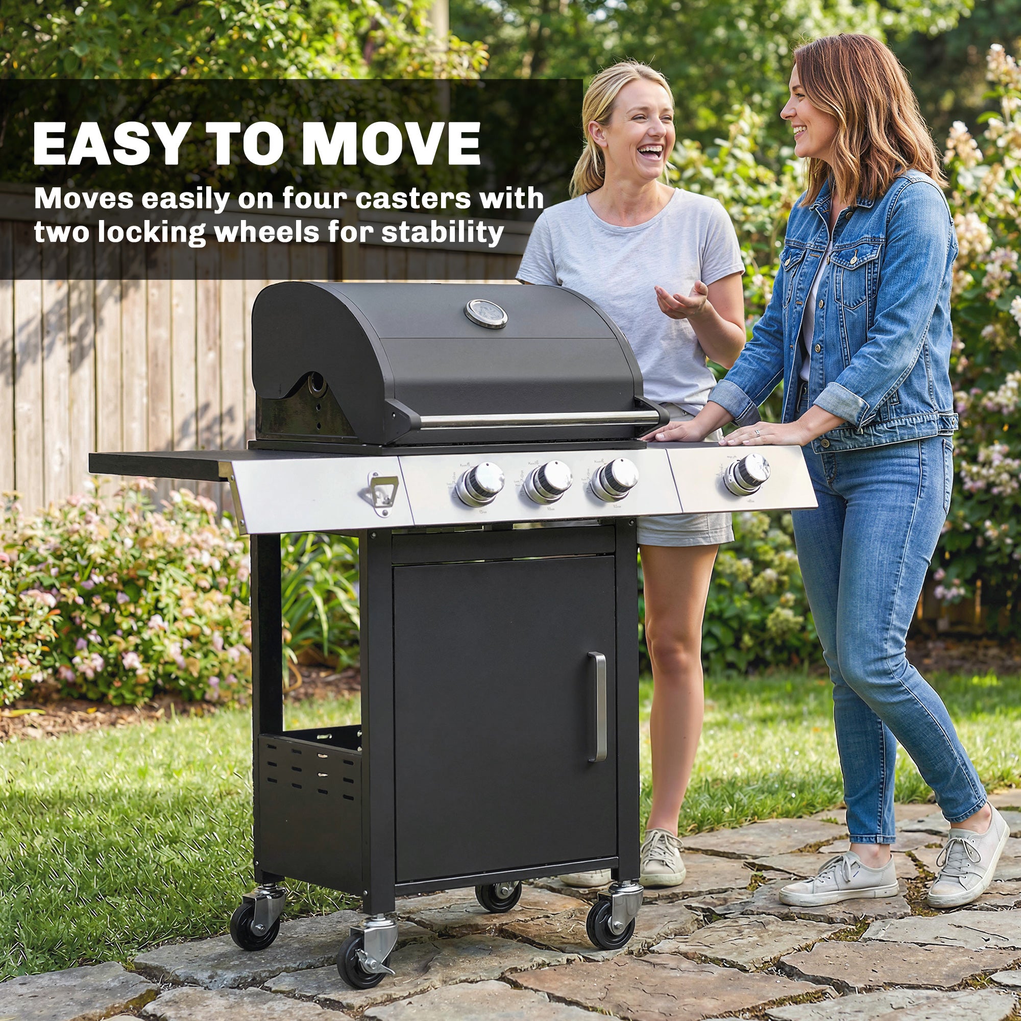10.5 kW 3+1-Burner Propane Gas Grill Cart, Stainless Steel — Side Burner, Bottle Opener, Thermometer, Cast-Iron Grates, Warming Rack, Wheels, Side Shelves & Cabinet — Ideal for Balcony & Parties