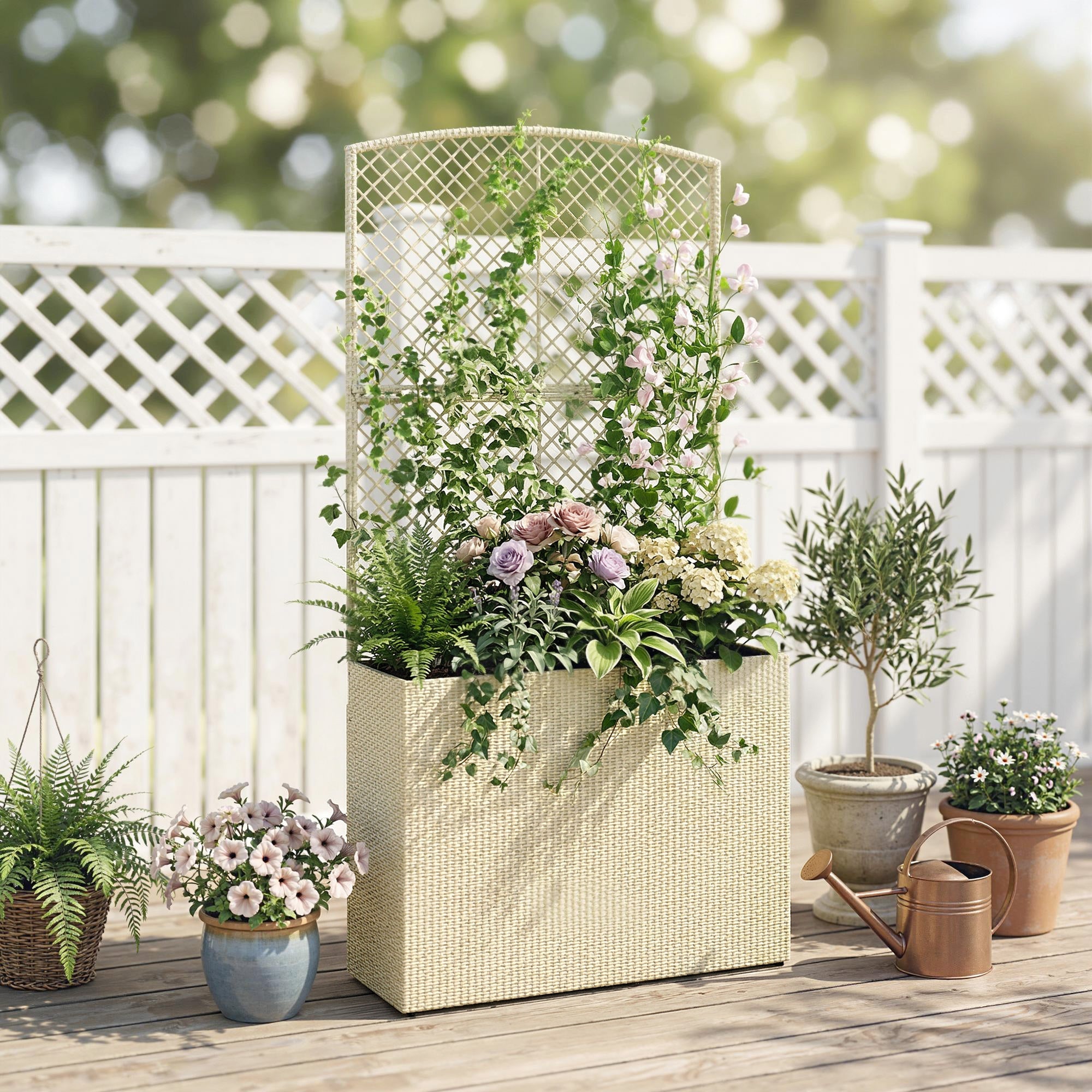Rattan Planter with Trellis, Large Outdoor Raised Garden Bed with Liner for Vines, Herbs, Vegetables & Flowers, 31.5 x 11.8 x 64.2 in, Beige