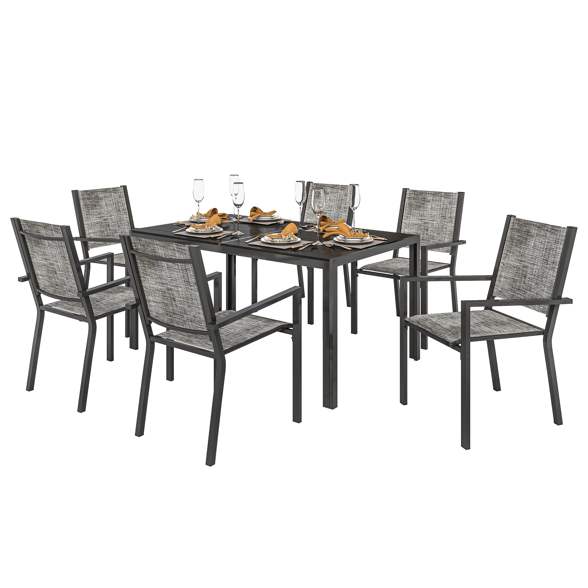 Outdoor 7-Piece Garden Furniture Set, Outdoor Garden Table with 6 Stackable Chairs, 150 cm Slatted Top, Rust-Resistant Steel Frame, Garden Furniture, Terrace, Patio, Black