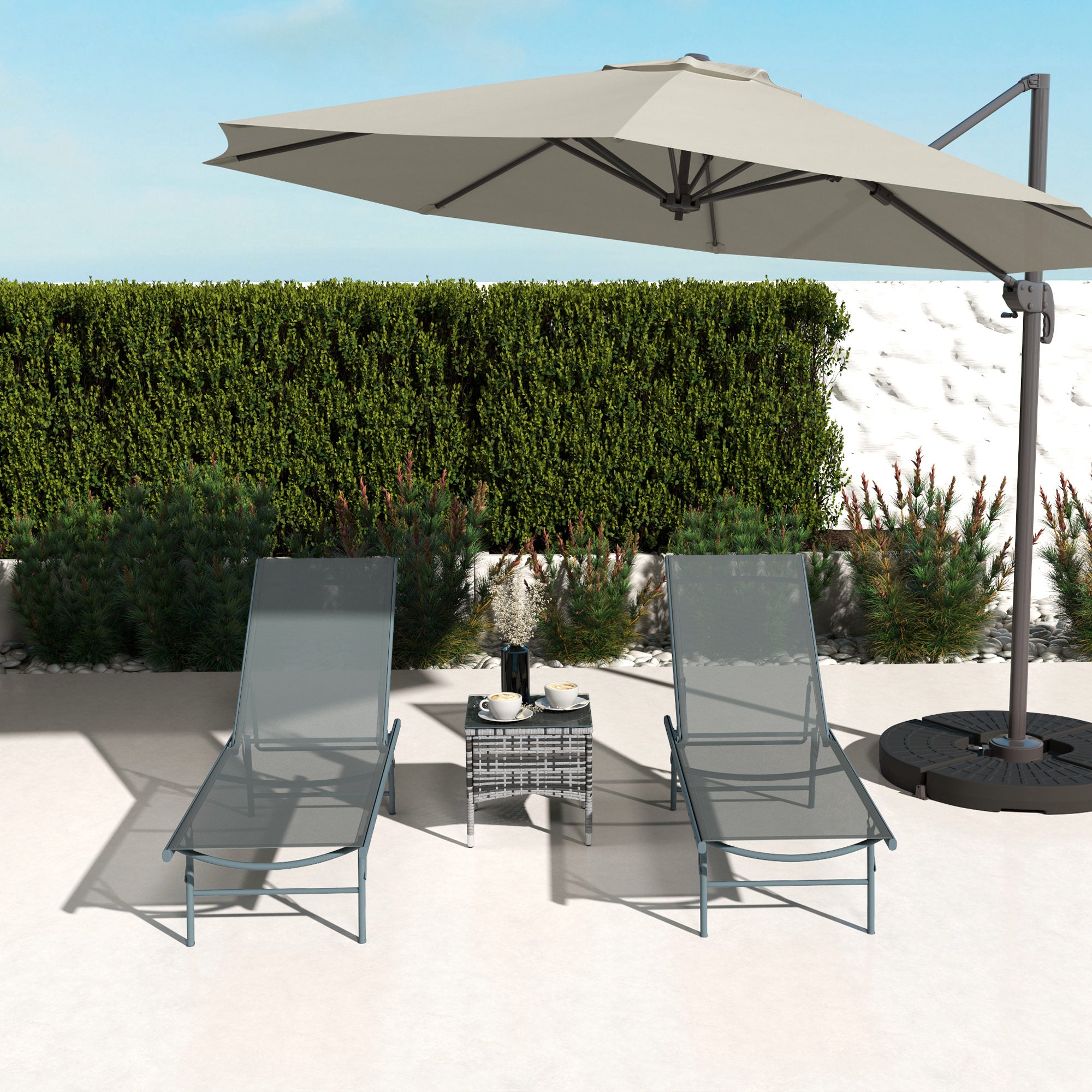 Pack of 2 Garden Lounge Chairs Outdoor Folding Sun Loungers Reclining in 5 Positions with Metal Frame and Breathable Mesh Seat for Beach Pool 164x54x84 cm Light Gray