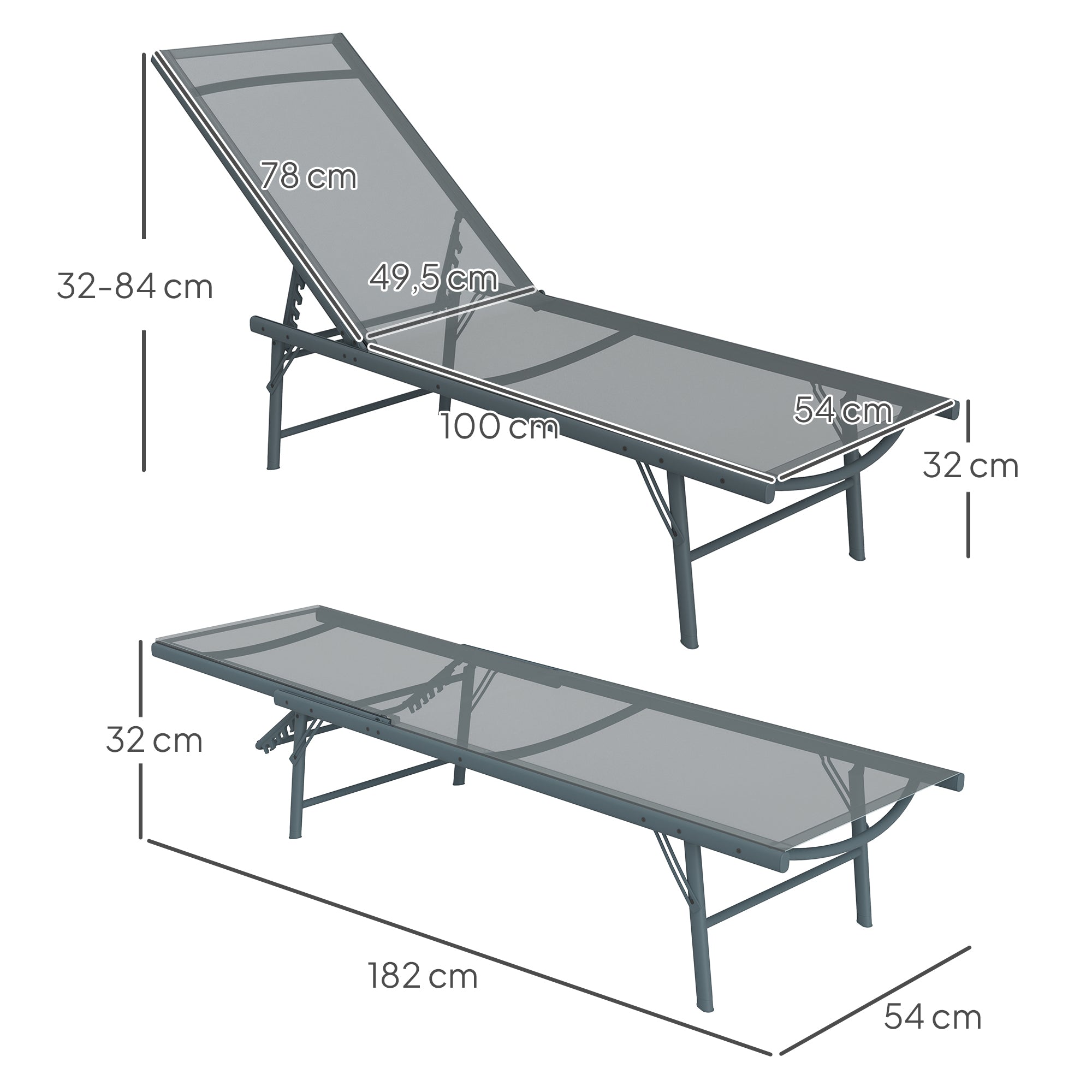 Pack of 2 Garden Lounge Chairs Outdoor Folding Sun Loungers Reclining in 5 Positions with Metal Frame and Breathable Mesh Seat for Beach Pool 164x54x84 cm Light Gray