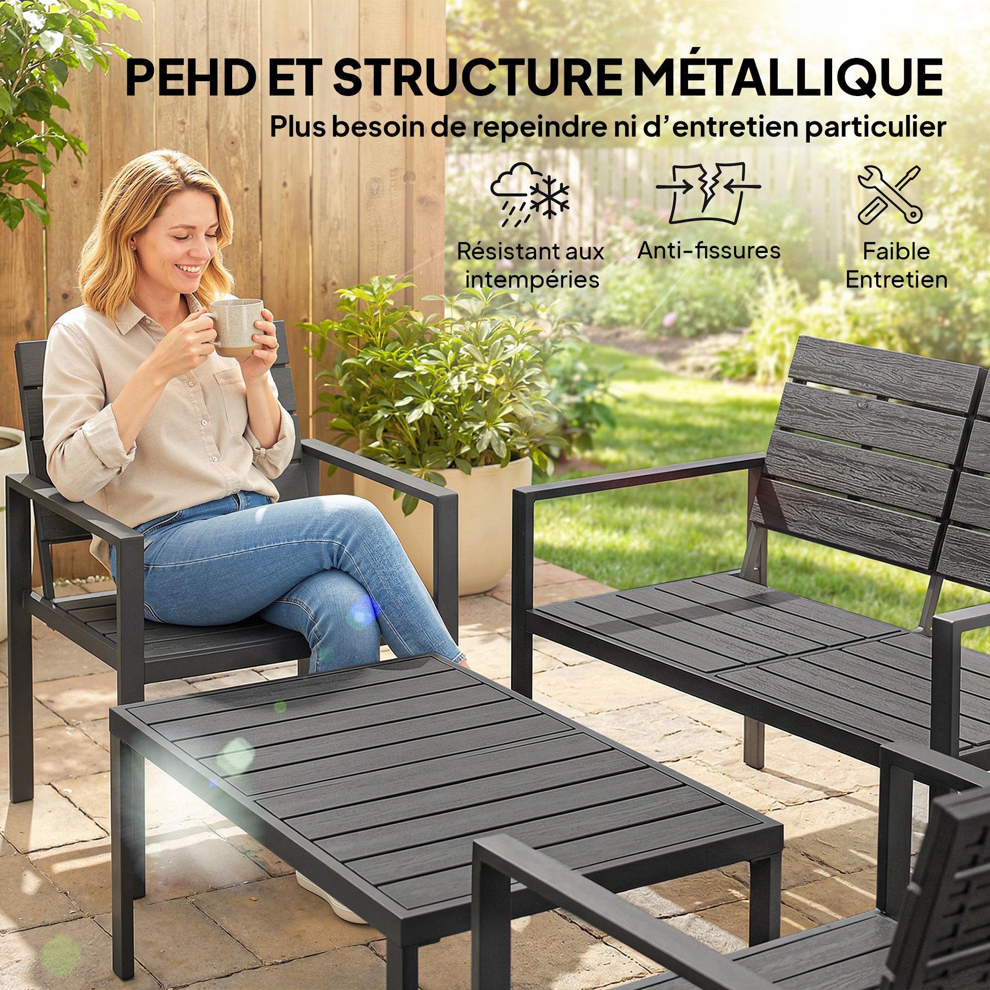 4-Piece Outdoor Garden Sofa Set with 2-Seat Loveseat, 2 Chairs & Coffee Table, Black