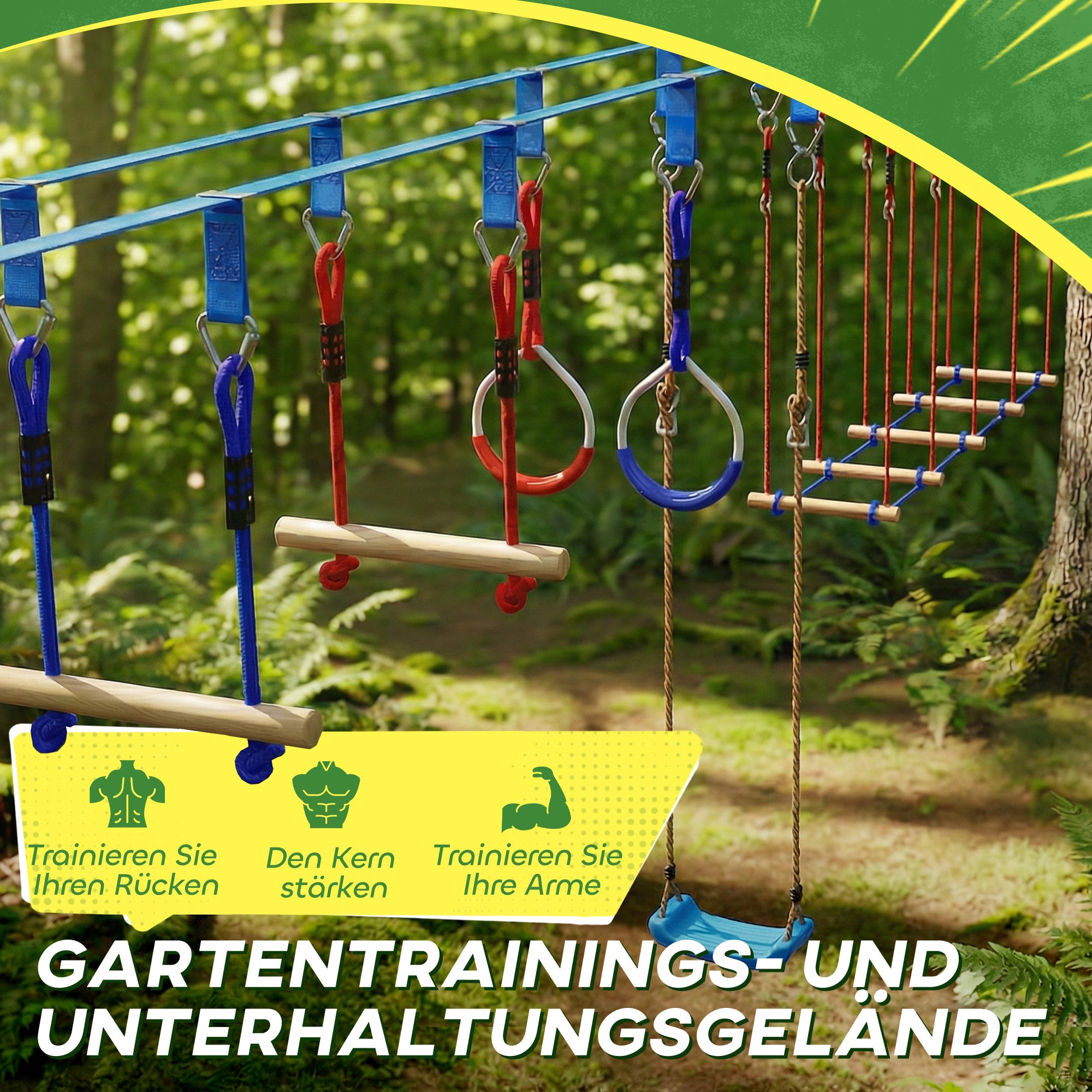 Kids Ninja Line 24 m Slackline Set with Gym Rings, 7 Obstacles, Climbing Bar & Balance Bridge — Obstacle Course for Ages 3–6 (Red/Blue)
