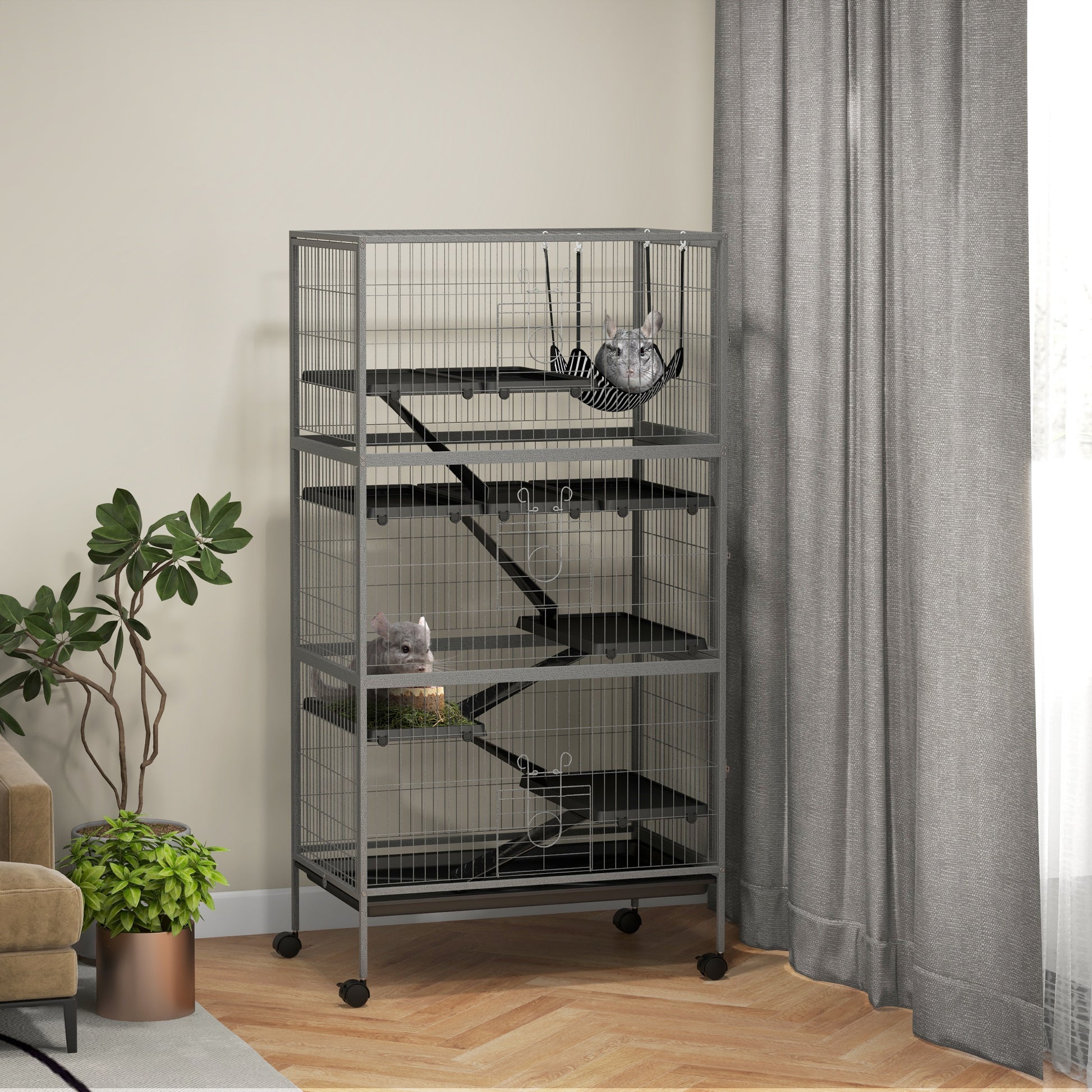 Multifunctional Rodent Cage 4 Platforms 3 Ramps 4 Doors dim. 80L x 52W x 159H cm Grey Silver Black Steel