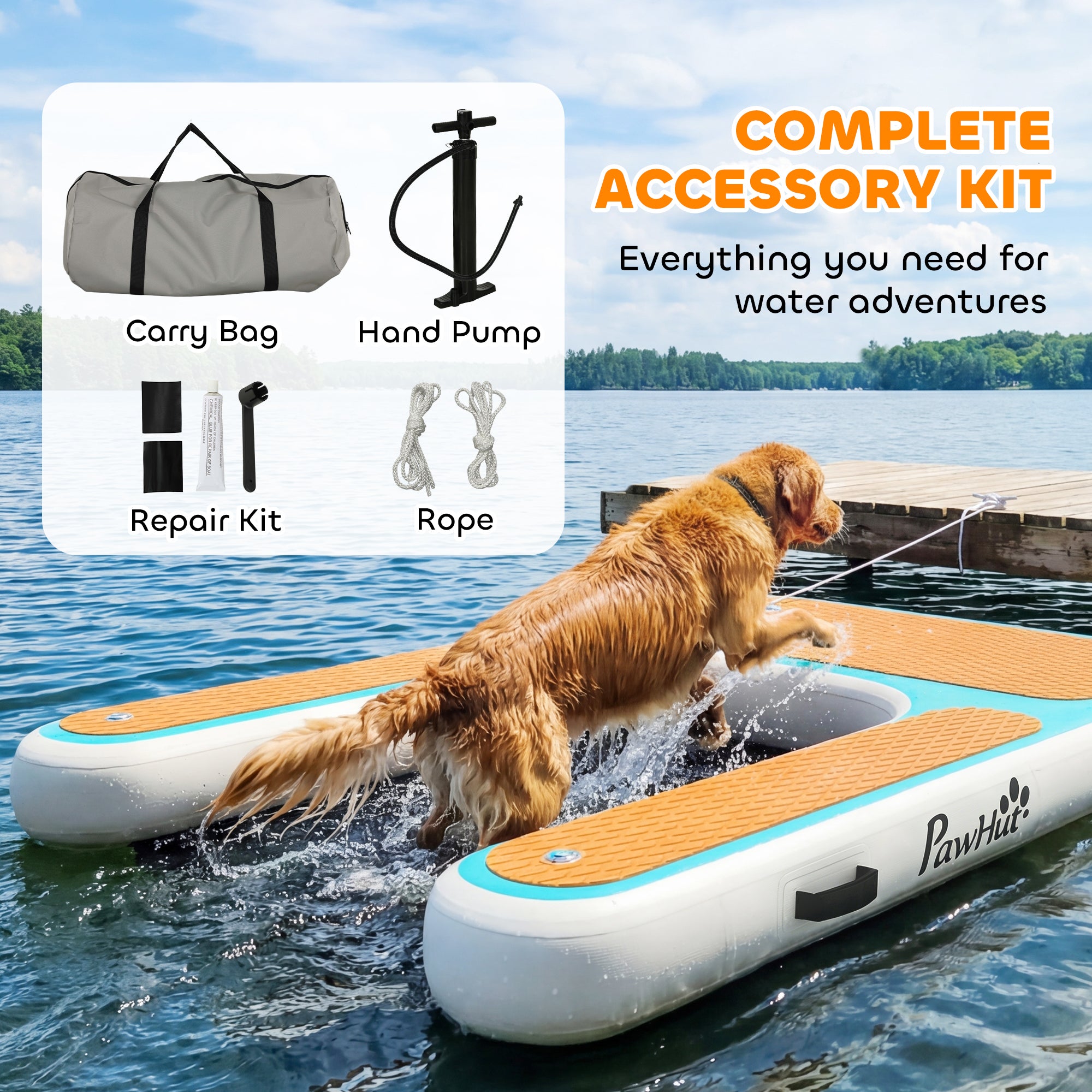 Inflatable Dog Water Ramp — 59.4 x 40.2 x 5.9 in Portable Floating Dock with Non-Slip EVA Surface, Ladder for Pools, Boats & Lakes, Supports Up to 220 lb