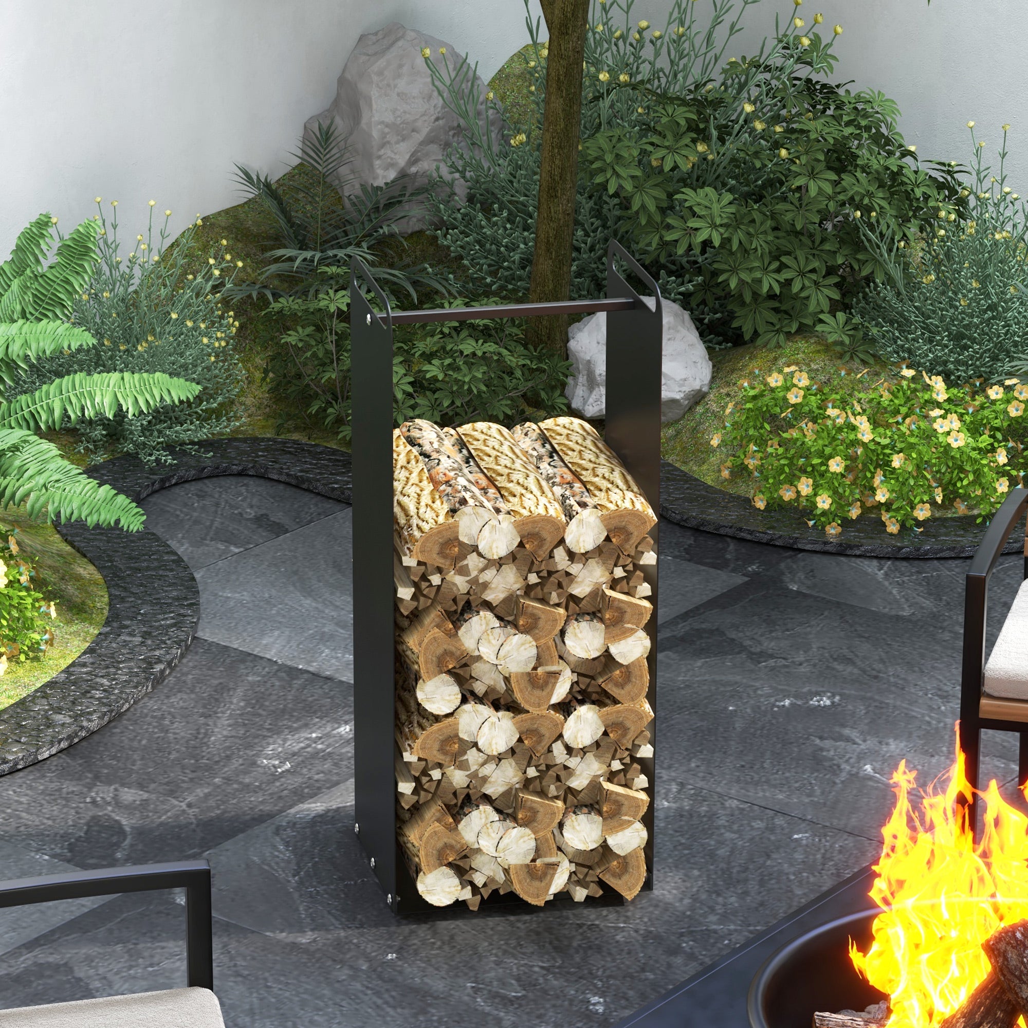 Firewood Rack 37 x 30 x 90 cm Wood Storage with Handles, Firewood Rack for Outdoor, Indoor, up to 30 kg, Steel, Black