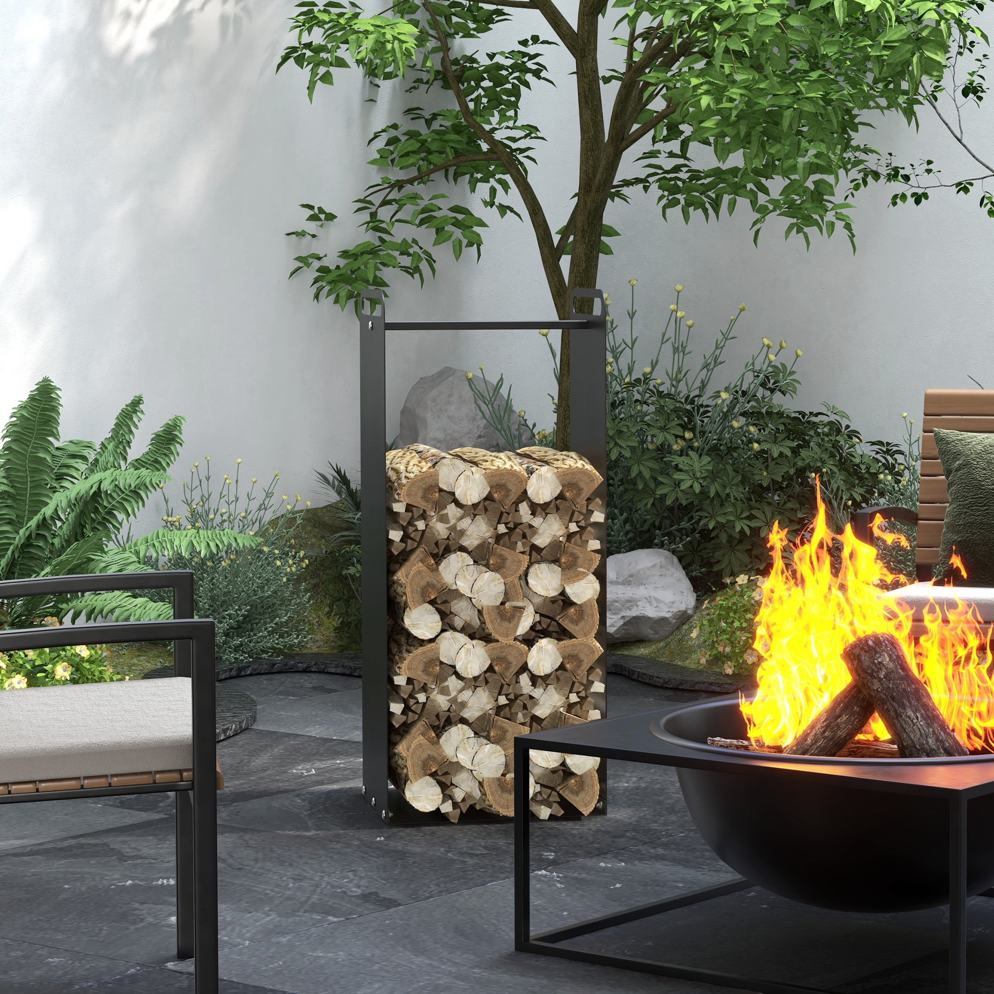 Firewood Rack 37 x 30 x 90 cm Wood Storage with Handles, Firewood Rack for Outdoor, Indoor, up to 30 kg, Steel, Black