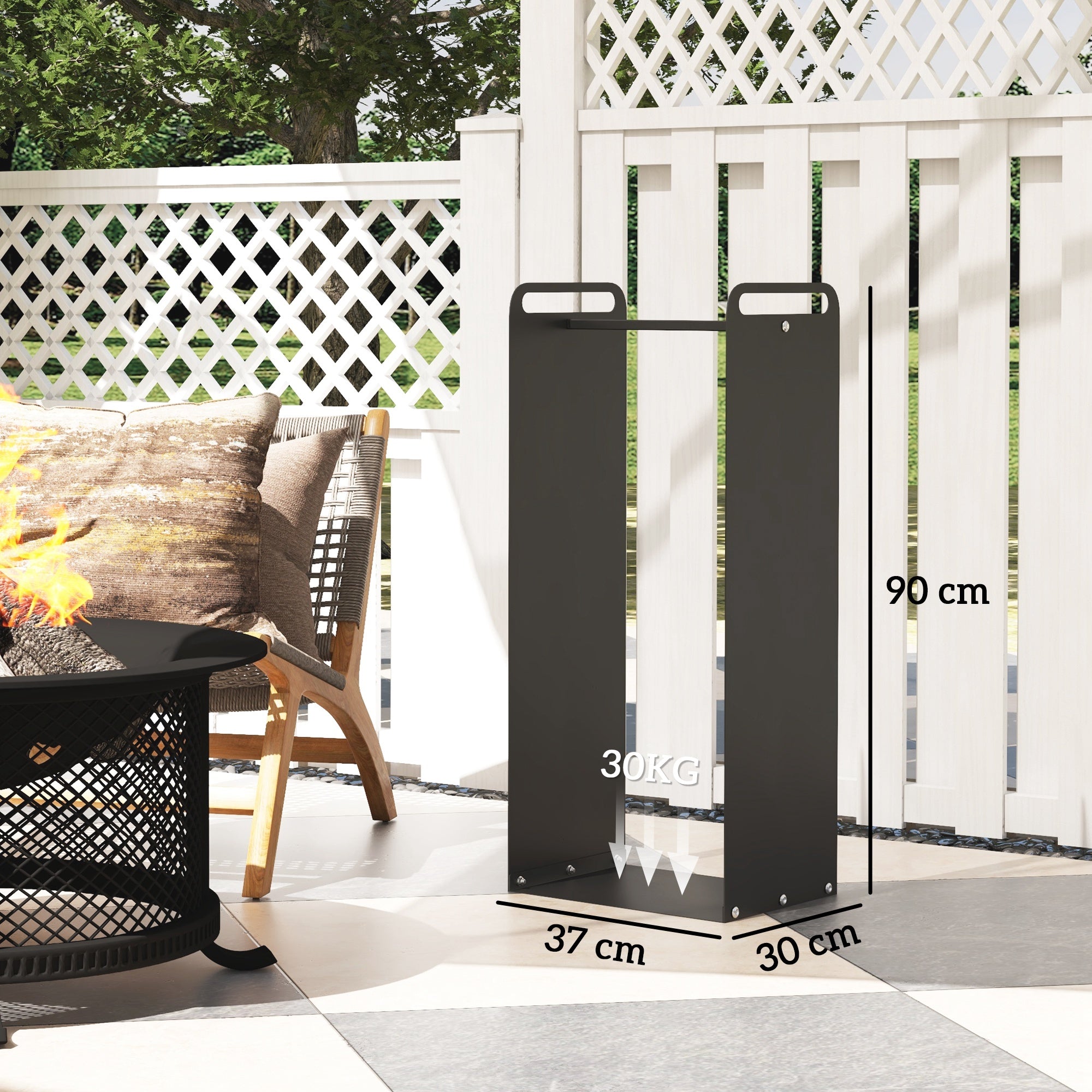 Firewood Rack 37 x 30 x 90 cm Wood Storage with Handles, Firewood Rack for Outdoor, Indoor, up to 30 kg, Steel, Black