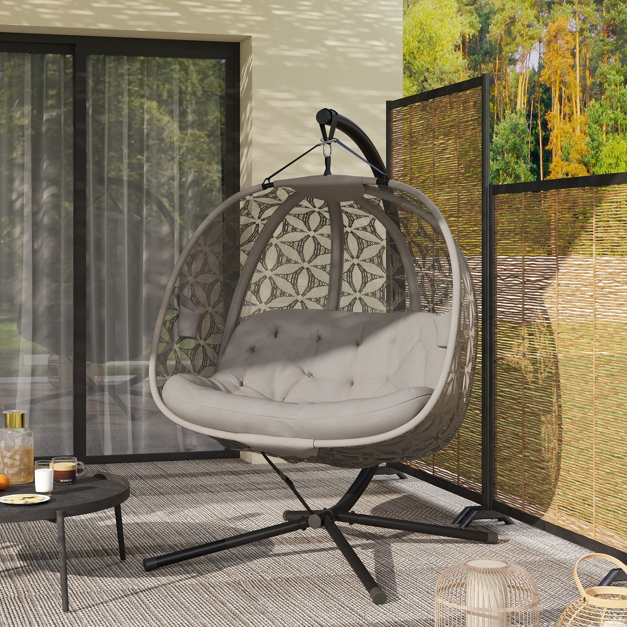 Foldable XXL Egg Hanging Chair with Stand — 2-Person Hanging Basket Swing, Thick Cushion, Cup Holders & Safety Strap — Indoor/Outdoor, Sand (529 lb)