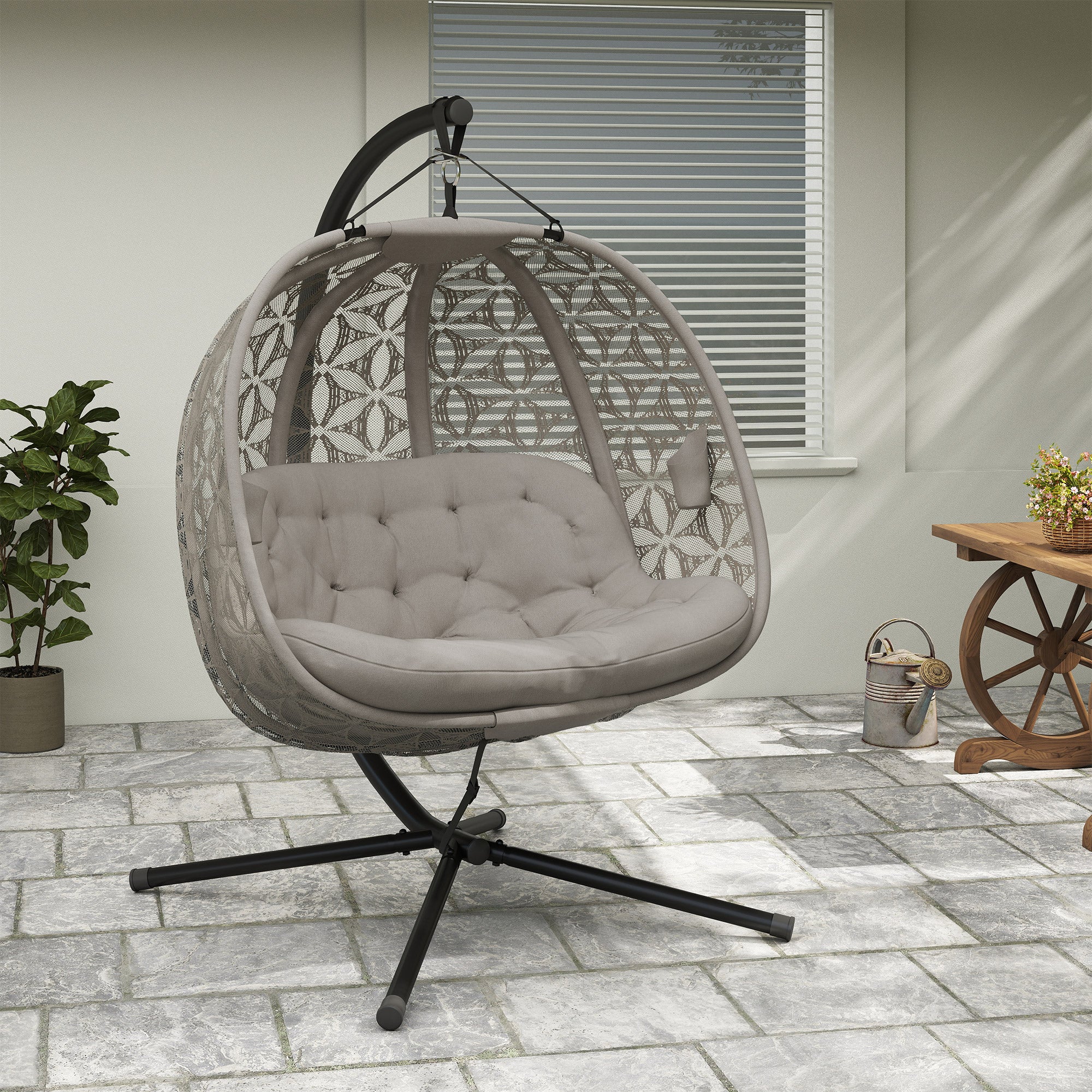 Foldable XXL Egg Hanging Chair with Stand — 2-Person Hanging Basket Swing, Thick Cushion, Cup Holders & Safety Strap — Indoor/Outdoor, Sand (529 lb)
