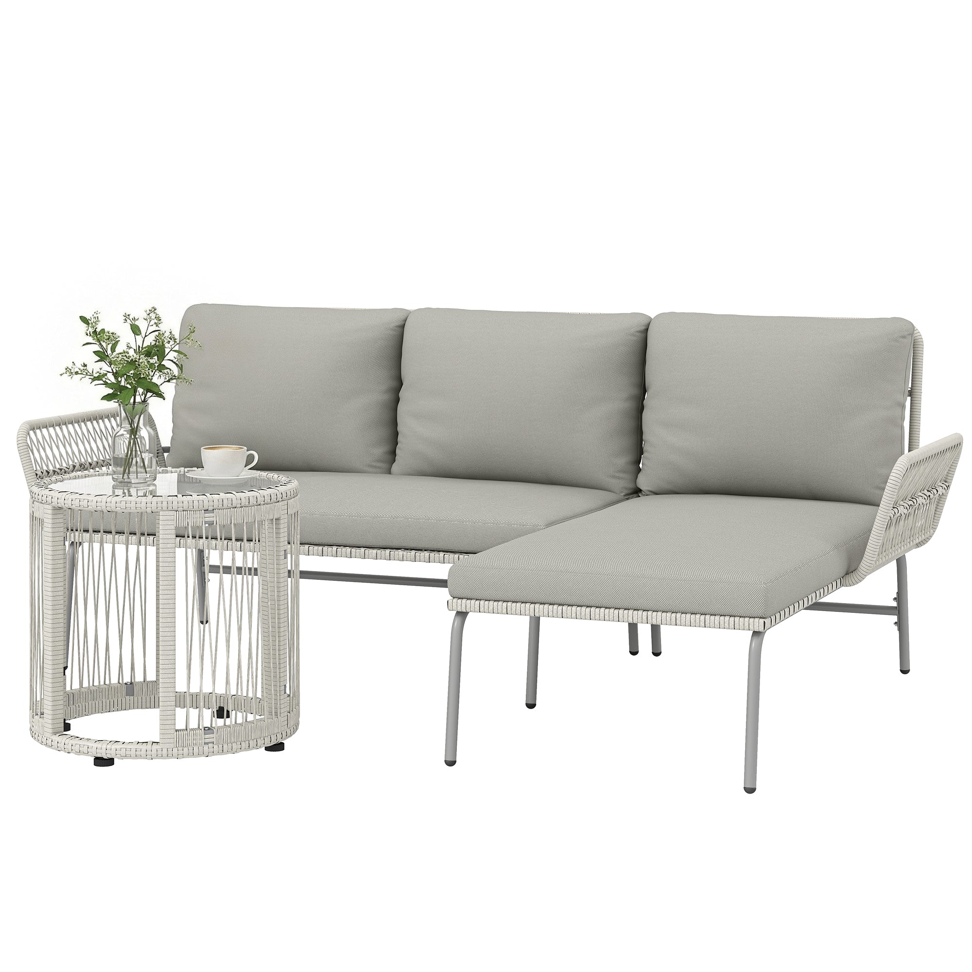 3-Piece PE Rattan Outdoor Lounge Set — 2-Seater Sofa with Chaise & Glass Coffee Table, Removable Cushions, Seats 3 (Light Gray)