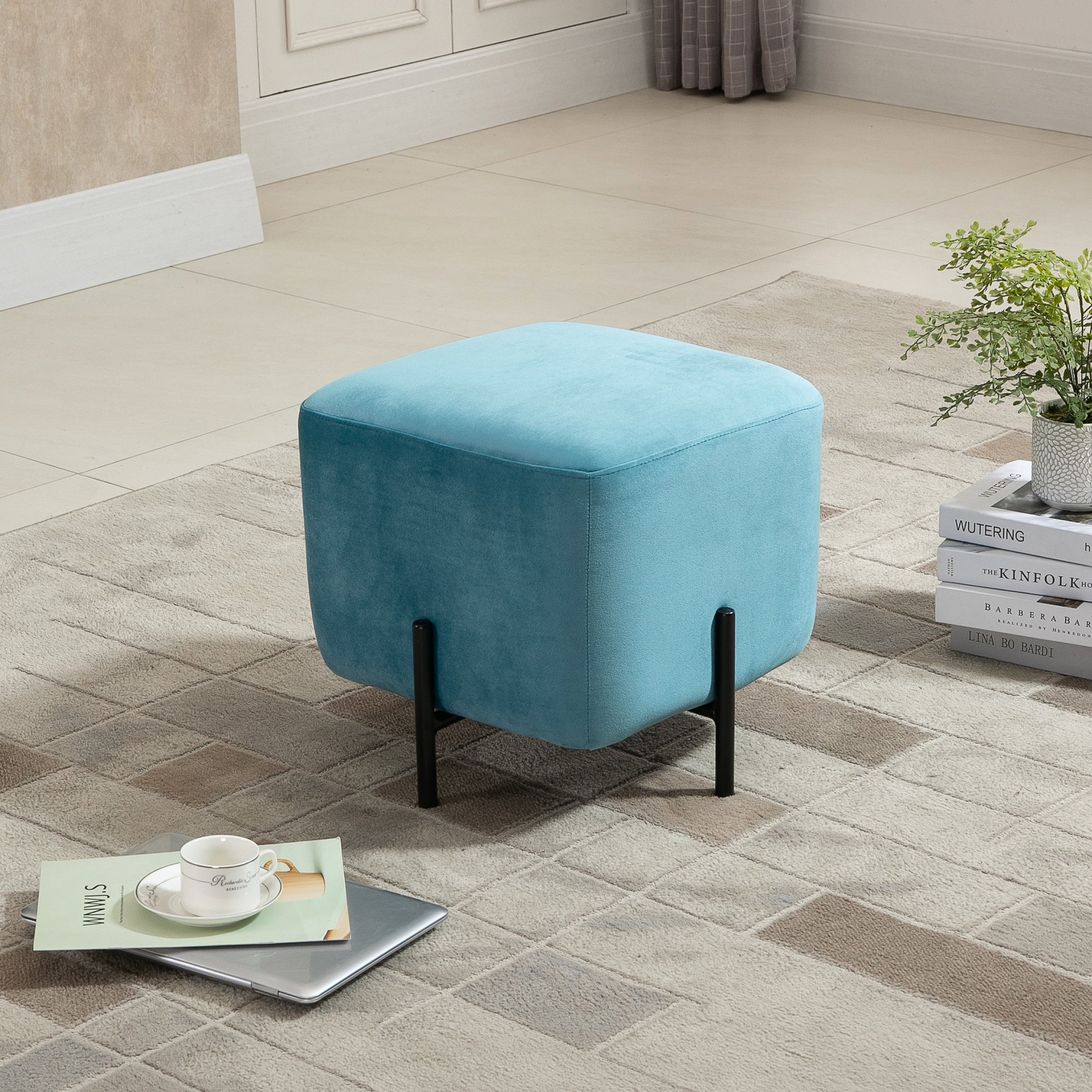 Padded Velvet Footstool Footrest Polyester Steel Foam Turquoise 44.5 x 44.5 x 41.5 cm