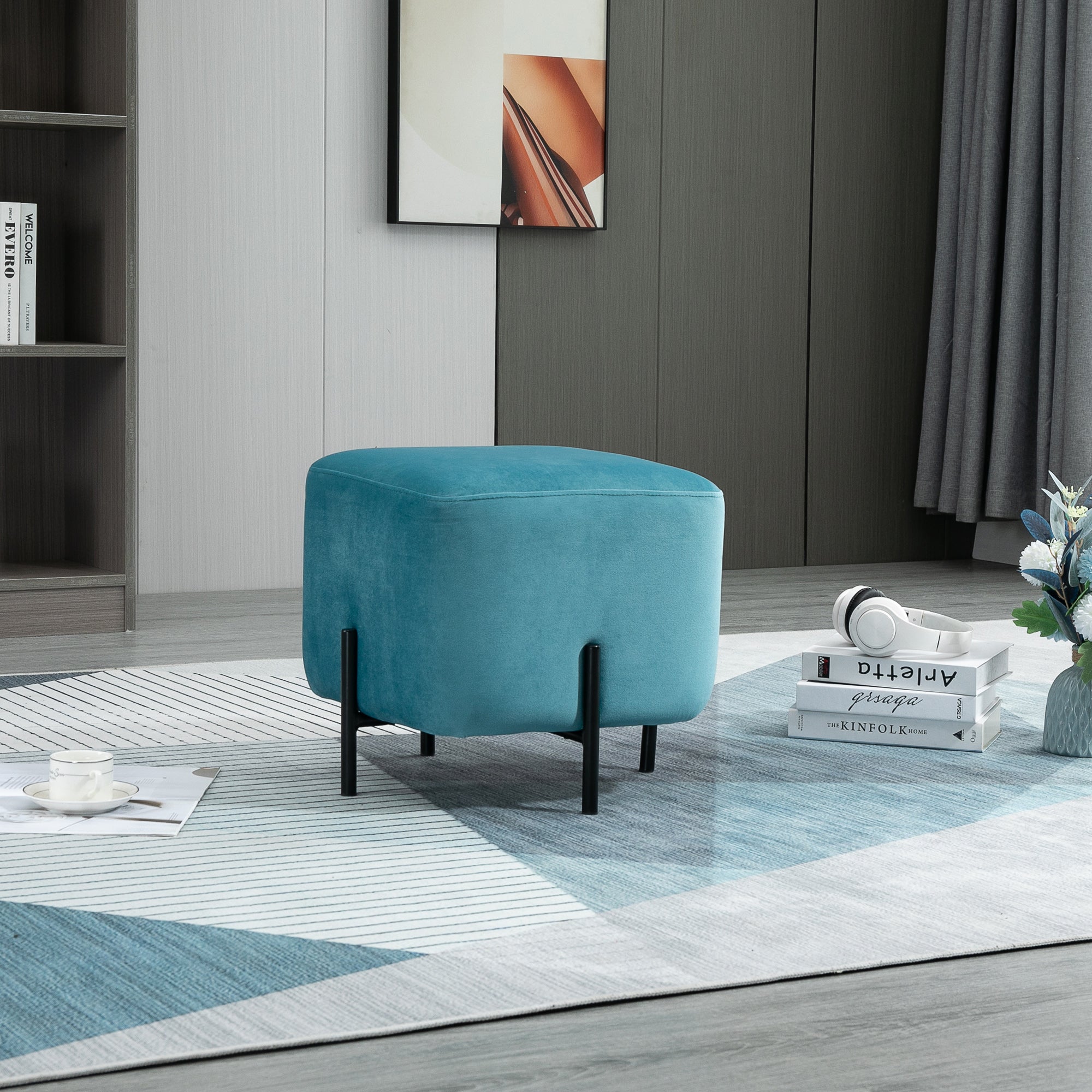 Padded Velvet Footstool Footrest Polyester Steel Foam Turquoise 44.5 x 44.5 x 41.5 cm