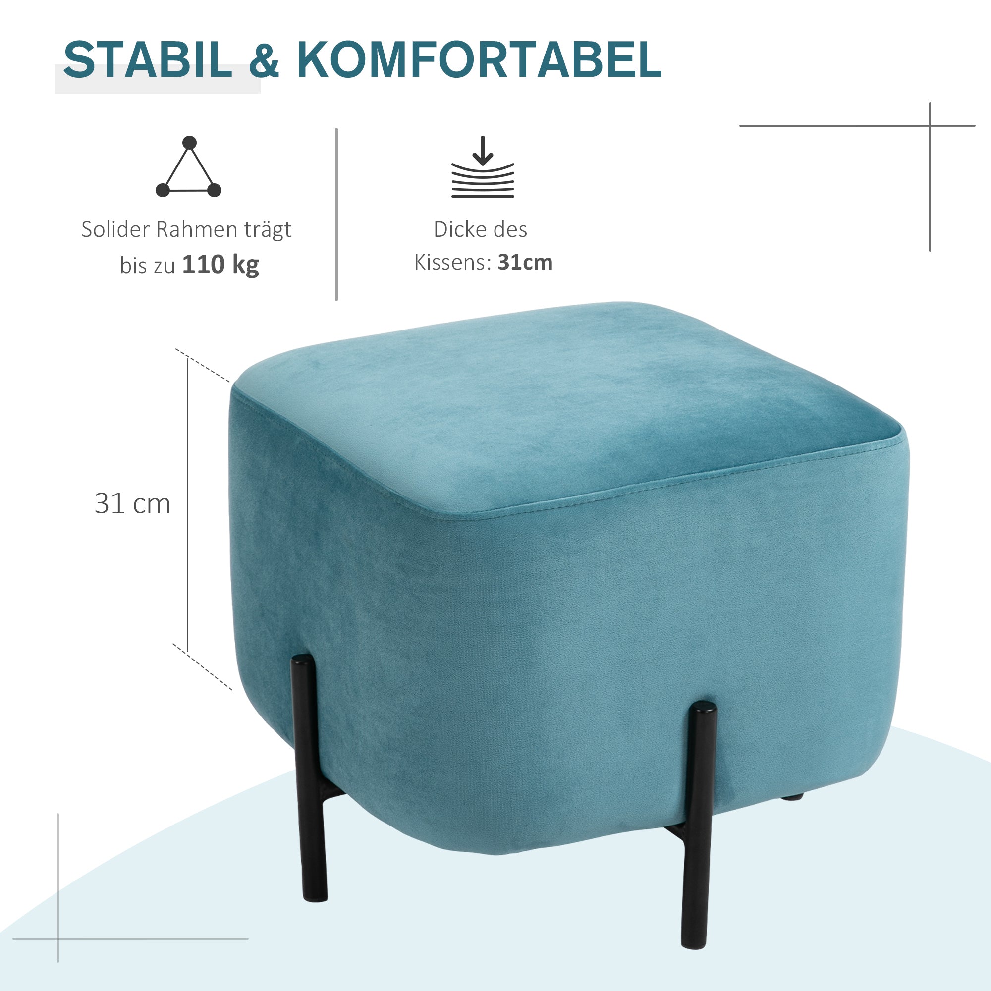 Padded Velvet Footstool Footrest Polyester Steel Foam Turquoise 44.5 x 44.5 x 41.5 cm