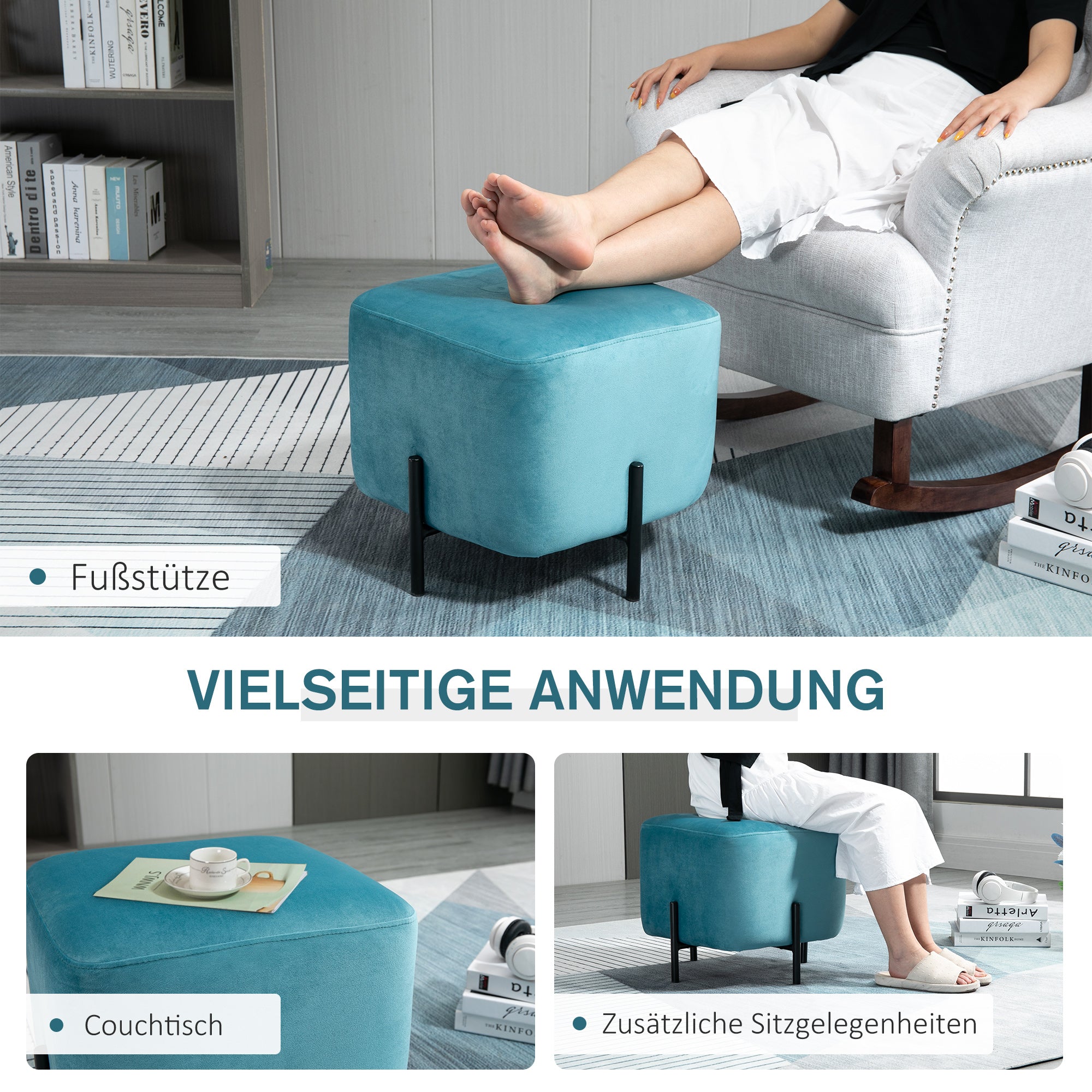 Padded Velvet Footstool Footrest Polyester Steel Foam Turquoise 44.5 x 44.5 x 41.5 cm