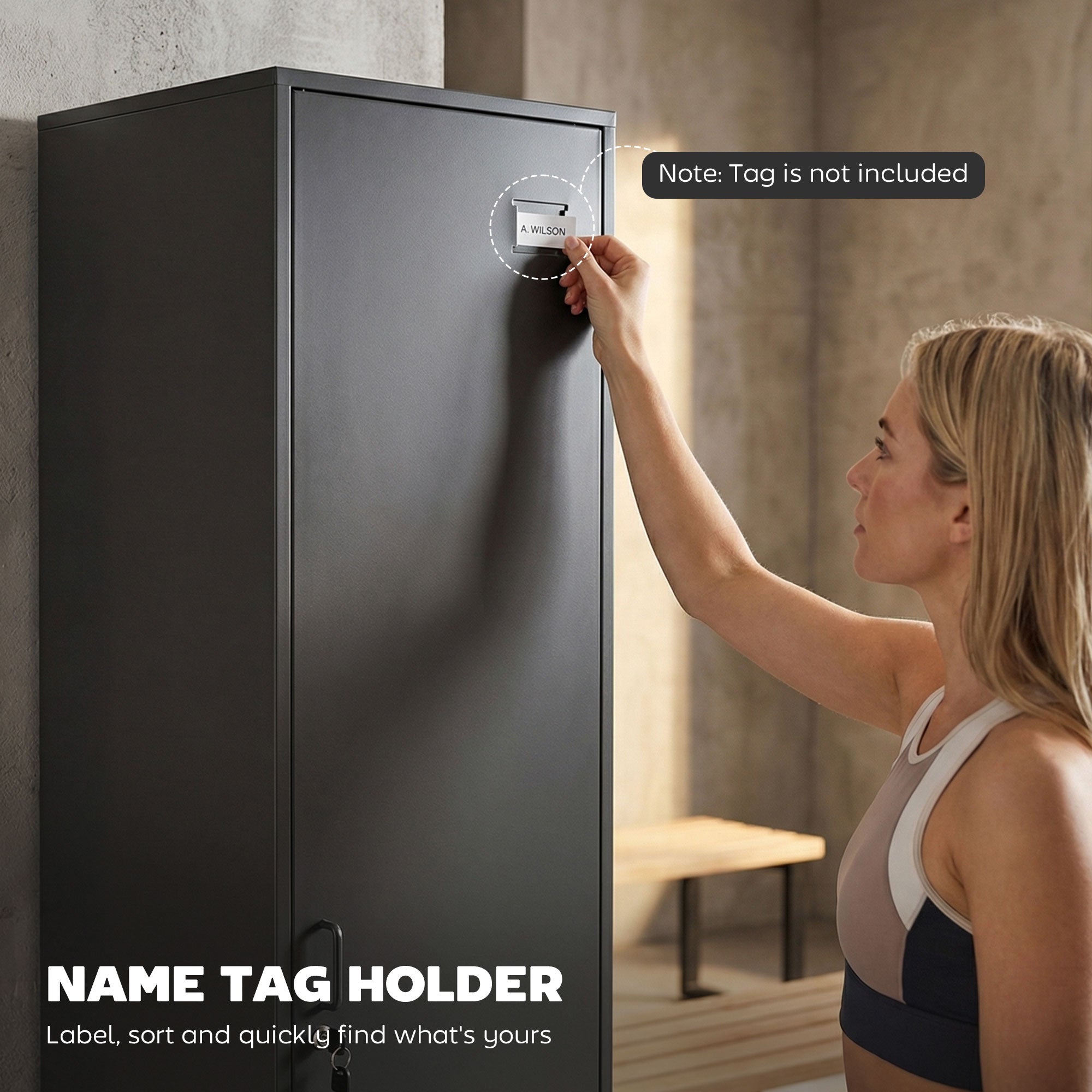 Steel Locker with Lock, Hanging Rail, Label Holder & Ventilated Door, 15.7 x 15.7 x 70.5 in, Black