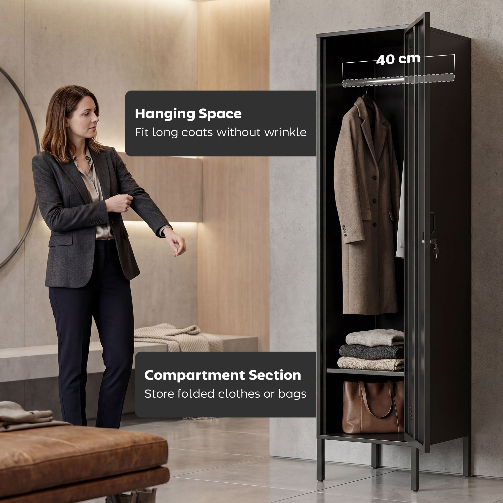 Steel Locker with Lock, Hanging Rail, Label Holder & Ventilated Door, 15.7 x 15.7 x 70.5 in, Black