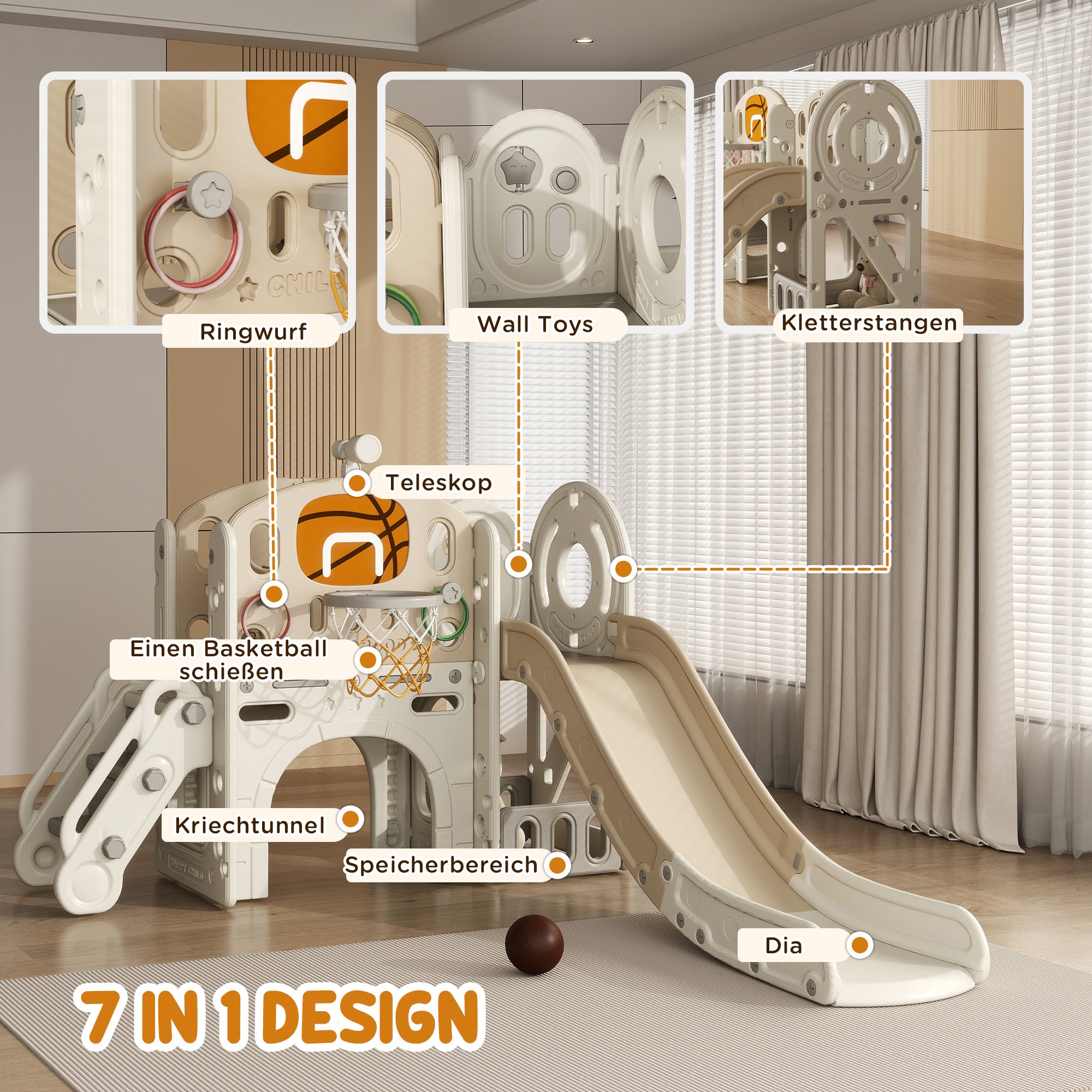 Children's Slide, 7-in-1, Toddler Slide with Basketball Hoop, Climbing Frame, Telescope, Tunnel, Platform Walkway, Storage Basket, Children's Playground for 1 to 6 Years Old Children