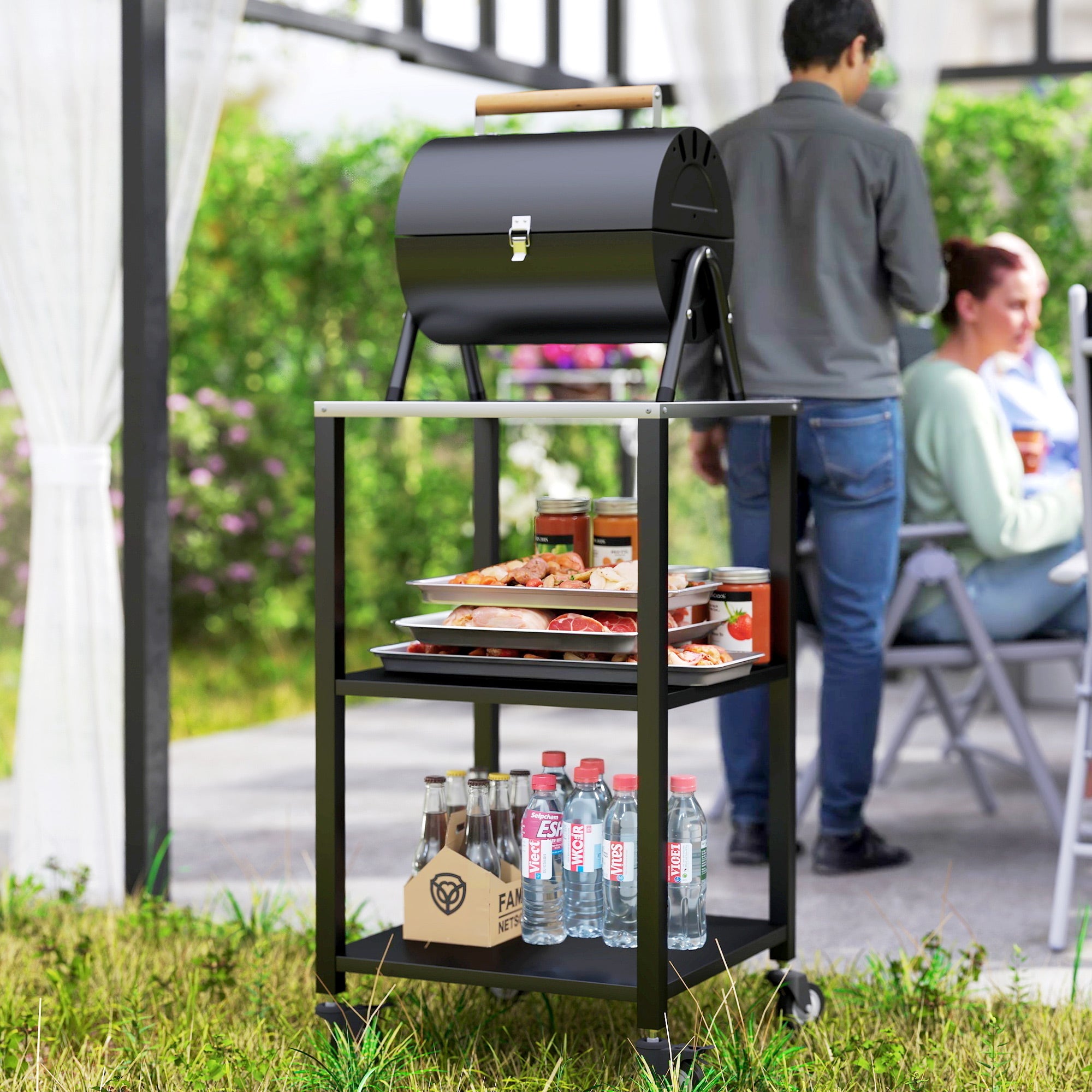 3-Tier BBQ Cart with Stainless Steel Worktop, Mobile Serving Trolley for Outdoor Grilling, 19.7 x 19.7 x 35.4 in, Black