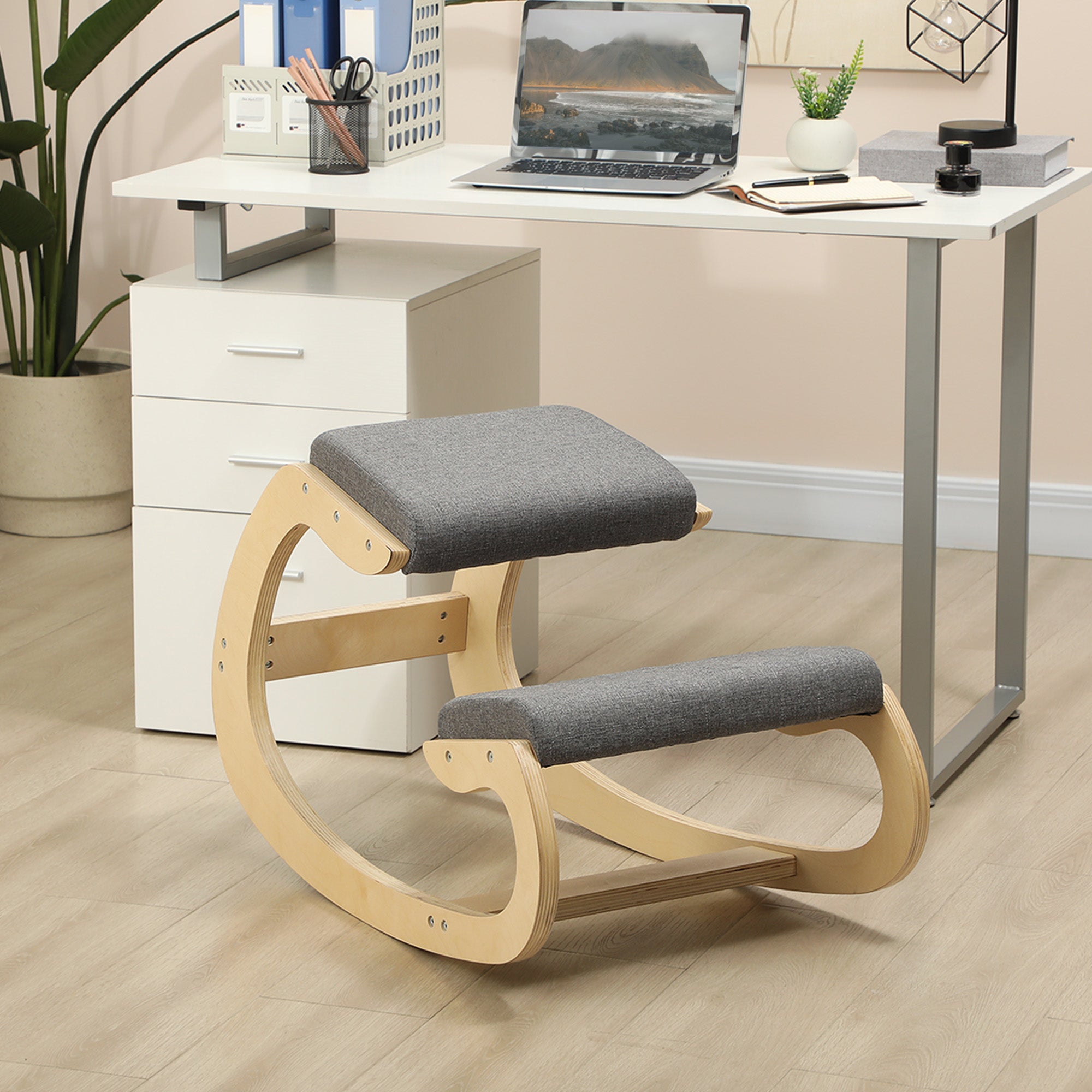 Ergonomic Kneeling Chair, Wooden Kneeling Chair, Office Chair for Home Office, Health Chair to Improve Posture, Gray