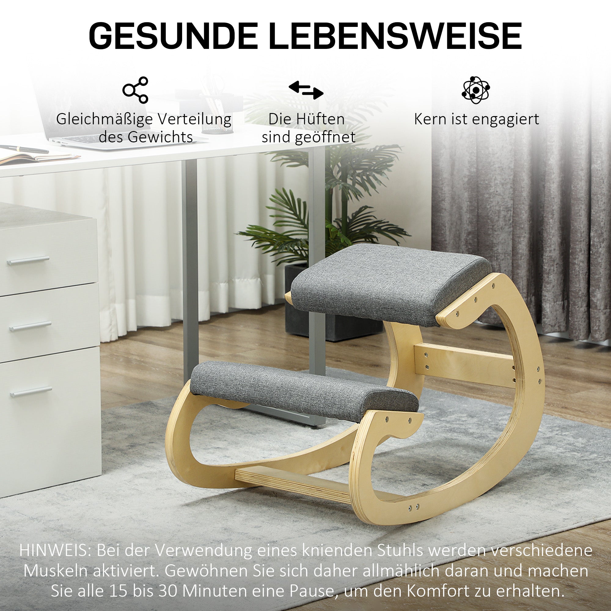 Ergonomic Kneeling Chair, Wooden Kneeling Chair, Office Chair for Home Office, Health Chair to Improve Posture, Gray