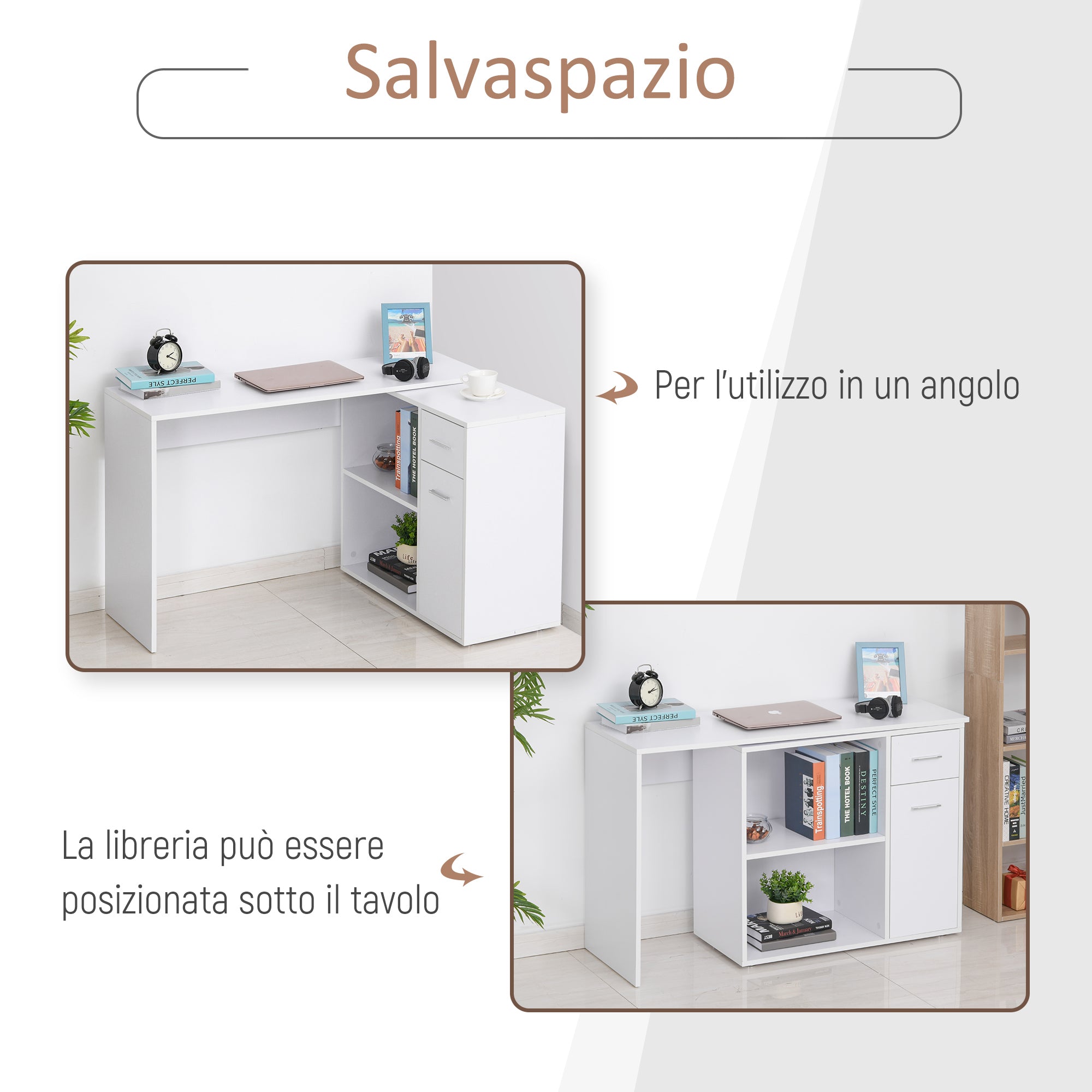 Corner Desk for Study and Office with 2 Drawers and 2 Shelves, Modern Wood Desk, 117x82x74 cm, White