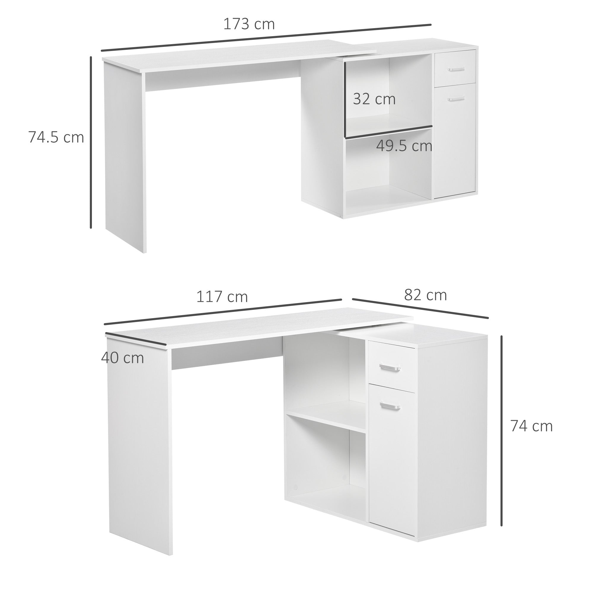 Corner Desk for Study and Office with 2 Drawers and 2 Shelves, Modern Wood Desk, 117x82x74 cm, White