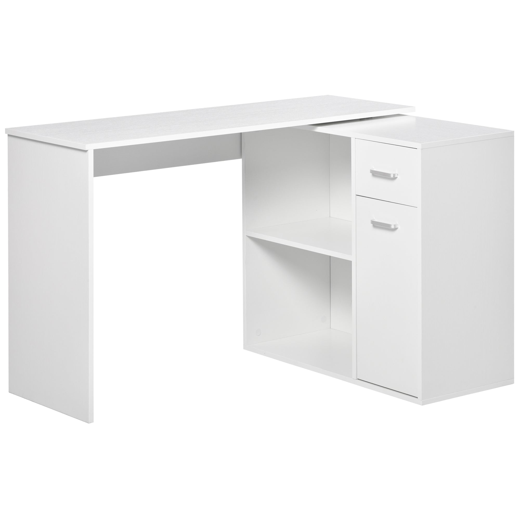Corner Desk for Study and Office with 2 Drawers and 2 Shelves, Modern Wood Desk, 117x82x74 cm, White
