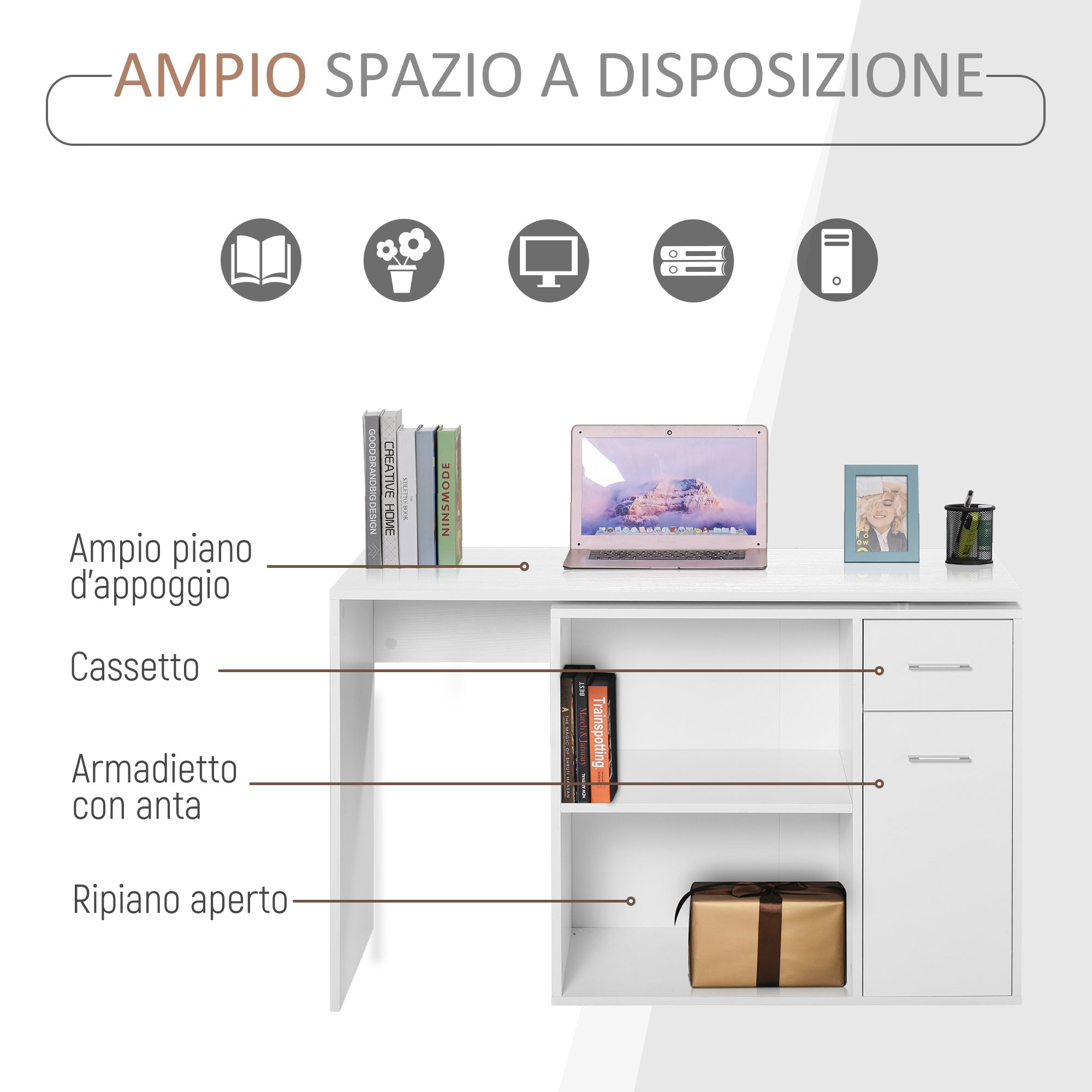 Corner Desk for Study and Office with 2 Drawers and 2 Shelves, Modern Wood Desk, 117x82x74 cm, White