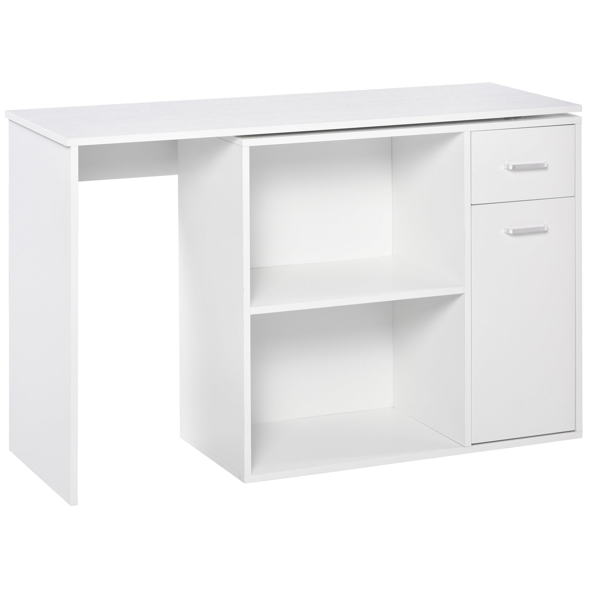 Corner Desk for Study and Office with 2 Drawers and 2 Shelves, Modern Wood Desk, 117x82x74 cm, White