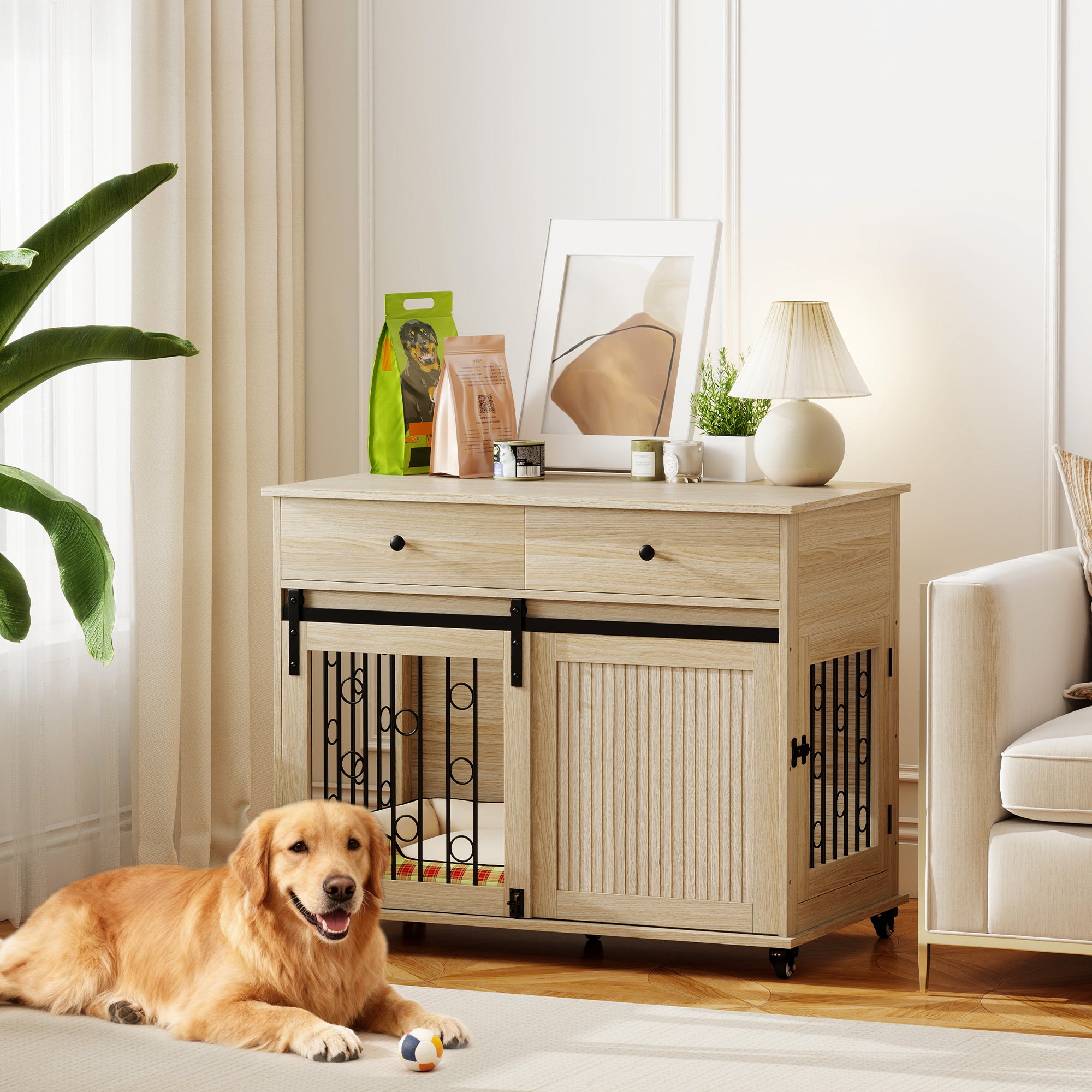 Home Dog Crate 39.4 in with Wheels, Drawer, Sliding Front Door & Lockable Side Door — Oak