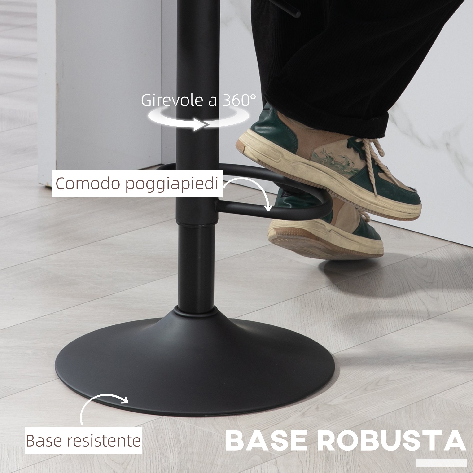 Set of 2 Bar Stools with Adjustable Height 85-106cm and Footrest, High Stools for Kitchen and Living Room with Swivel Seat in Faux Leather, Black