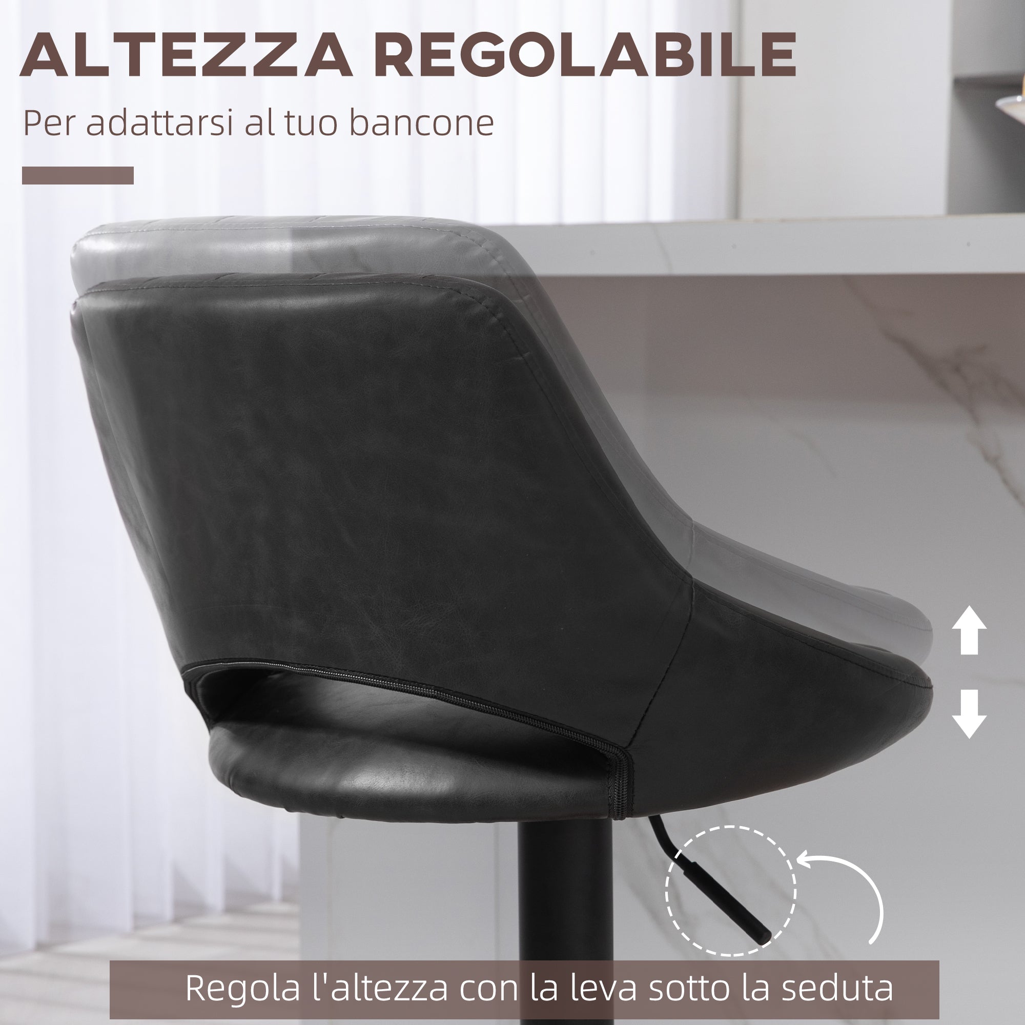 Set of 2 Bar Stools with Adjustable Height 85-106cm and Footrest, High Stools for Kitchen and Living Room with Swivel Seat in Faux Leather, Black