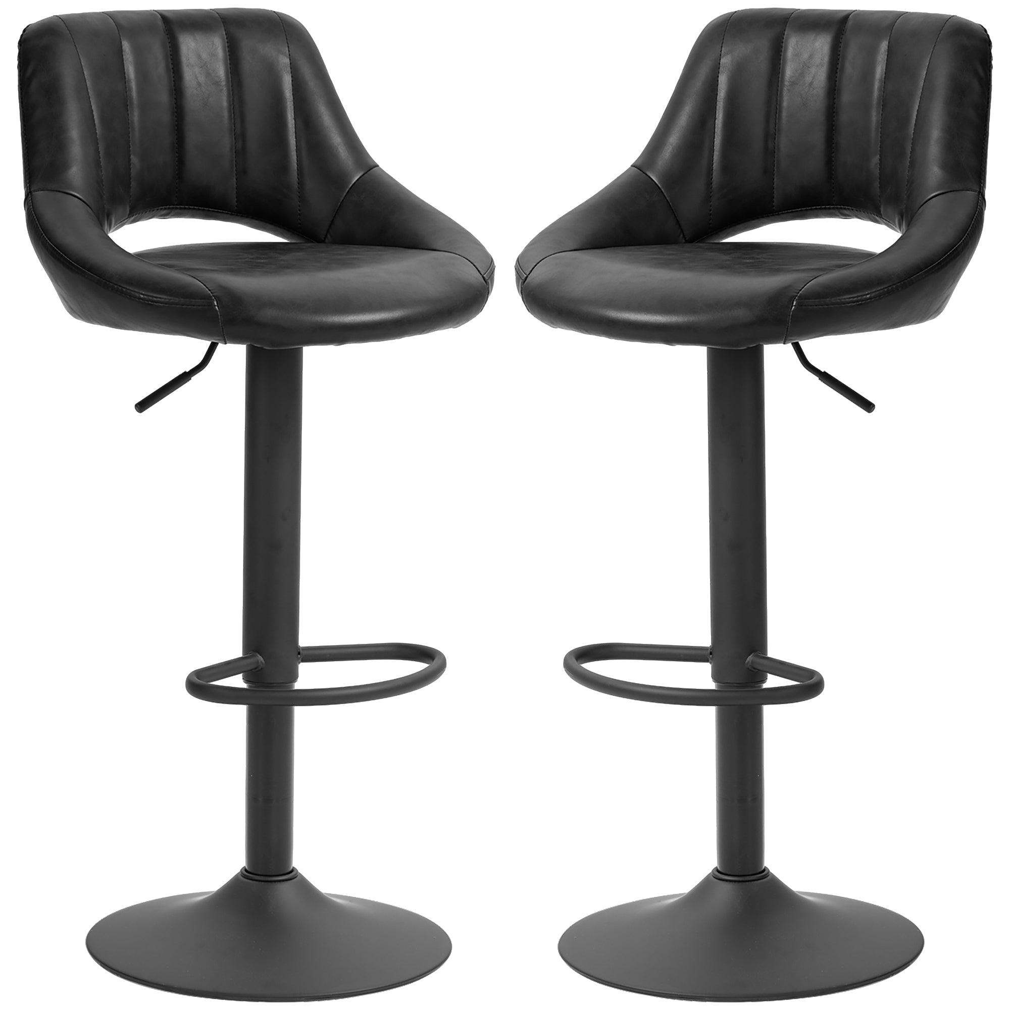 Set of 2 Bar Stools with Adjustable Height 85-106cm and Footrest, High Stools for Kitchen and Living Room with Swivel Seat in Faux Leather, Black