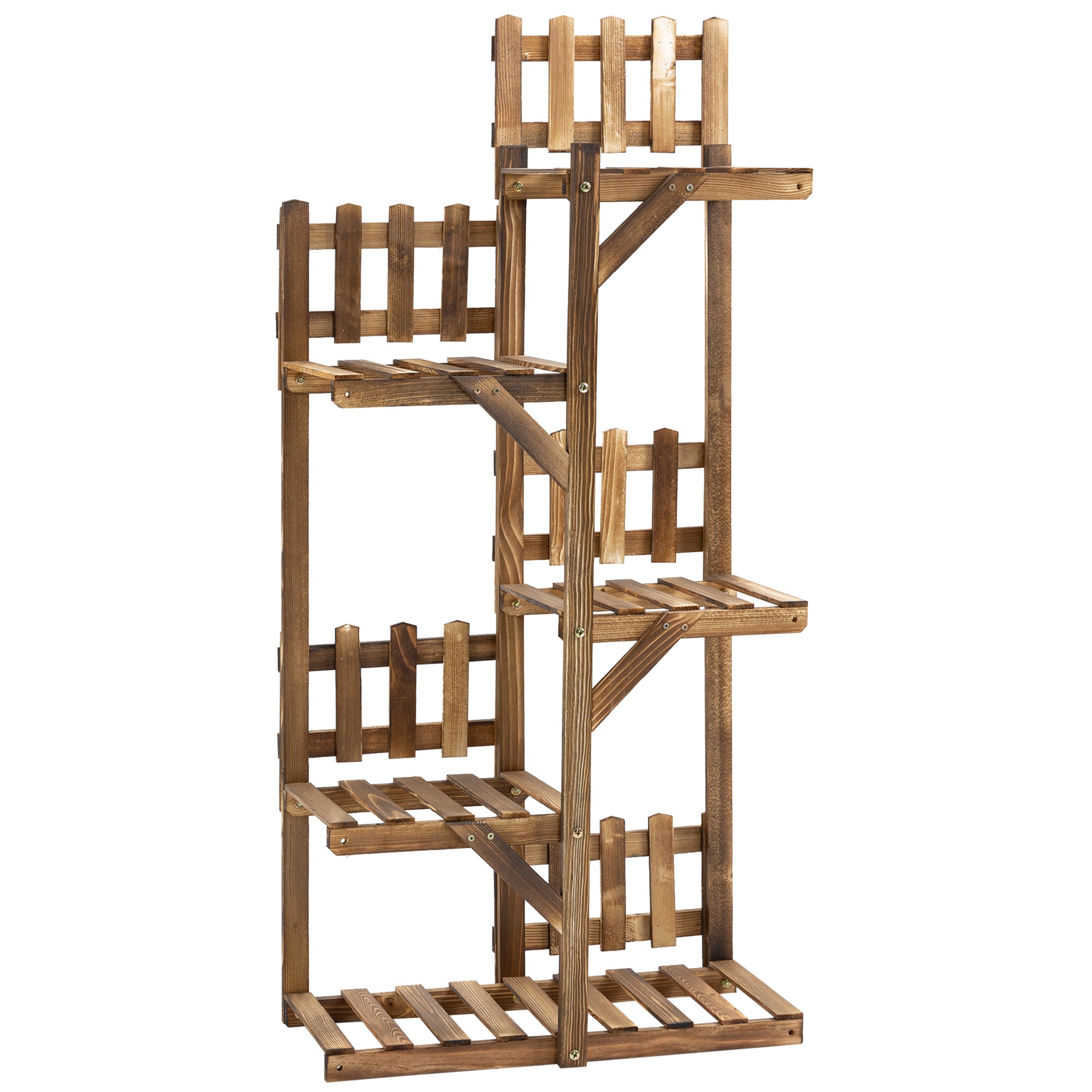 Wooden Flower Shelf Plant Pot Stand Wooden 5 Tier Shelves Ornament Small Barriers 60 x 30x 130cm Carbonized Pine Wood for Indoor Garden Terrace Balcony