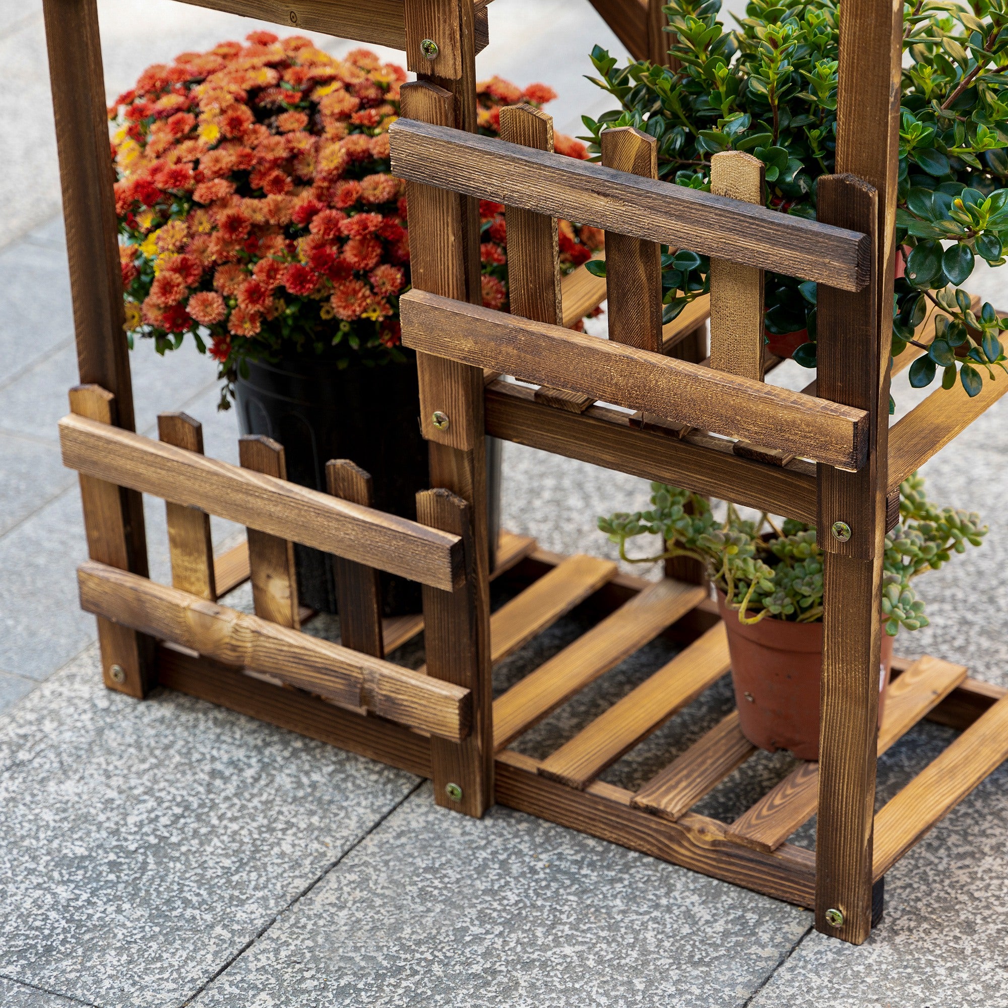 Wooden Flower Shelf Plant Pot Stand Wooden 5 Tier Shelves Ornament Small Barriers 60 x 30x 130cm Carbonized Pine Wood for Indoor Garden Terrace Balcony