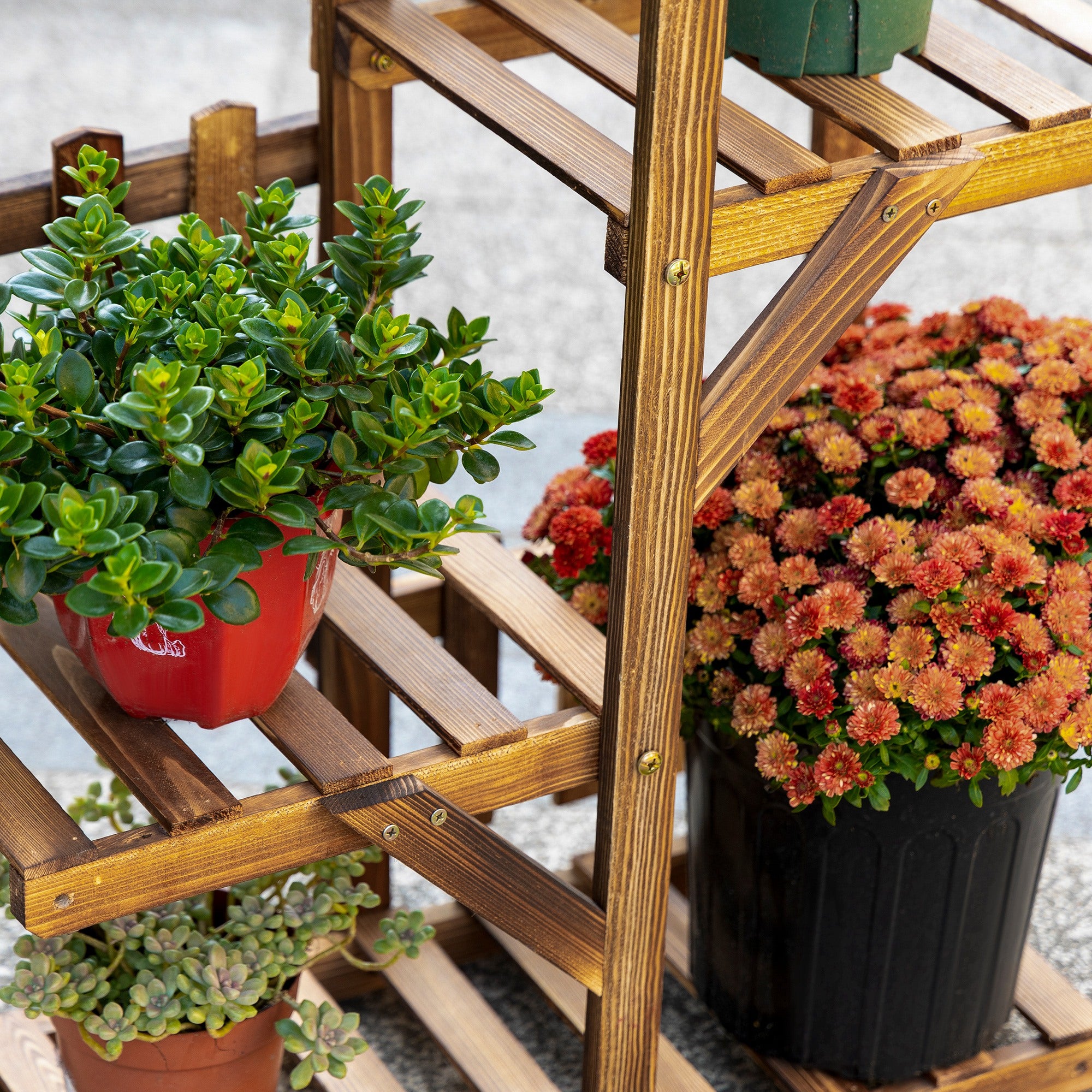 Wooden Flower Shelf Plant Pot Stand Wooden 5 Tier Shelves Ornament Small Barriers 60 x 30x 130cm Carbonized Pine Wood for Indoor Garden Terrace Balcony
