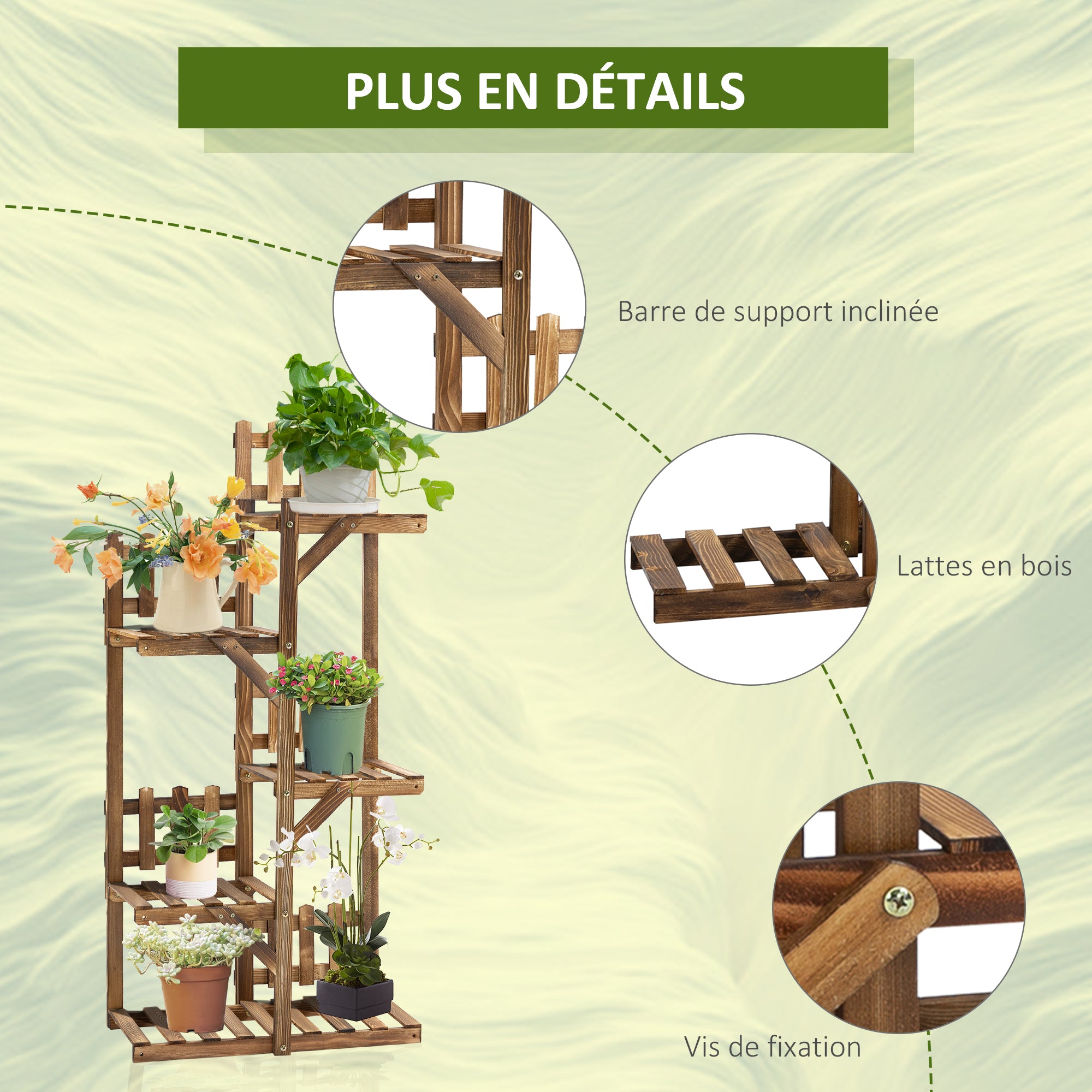 Wooden Flower Shelf Plant Pot Stand Wooden 5 Tier Shelves Ornament Small Barriers 60 x 30x 130cm Carbonized Pine Wood for Indoor Garden Terrace Balcony