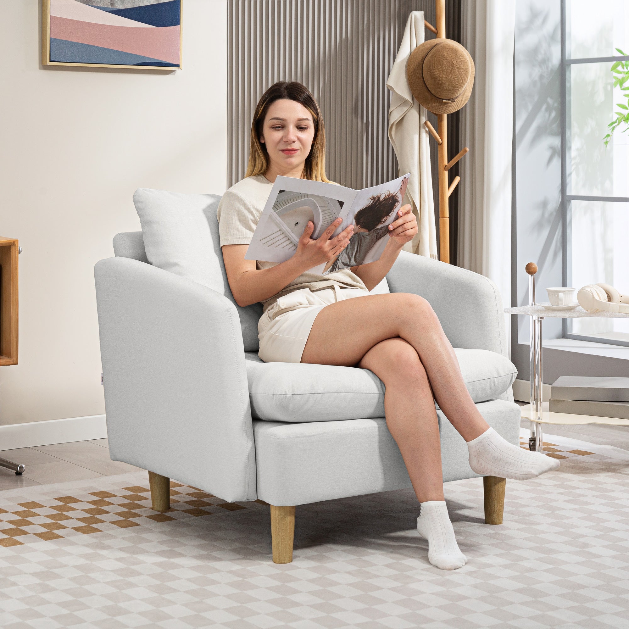 Modern Living Room Armchair, Bedroom and Living Room Armchair in Fabric with Wide Seat and Thick Padding with Pocket Springs, Cream White
