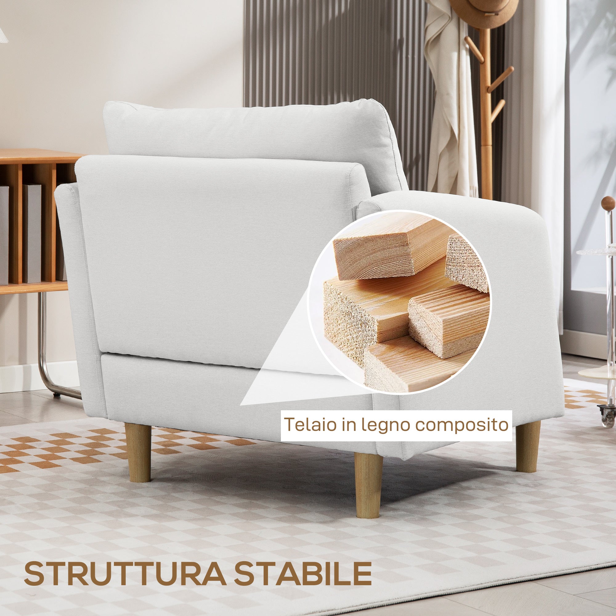 Modern Living Room Armchair, Bedroom and Living Room Armchair in Fabric with Wide Seat and Thick Padding with Pocket Springs, Cream White