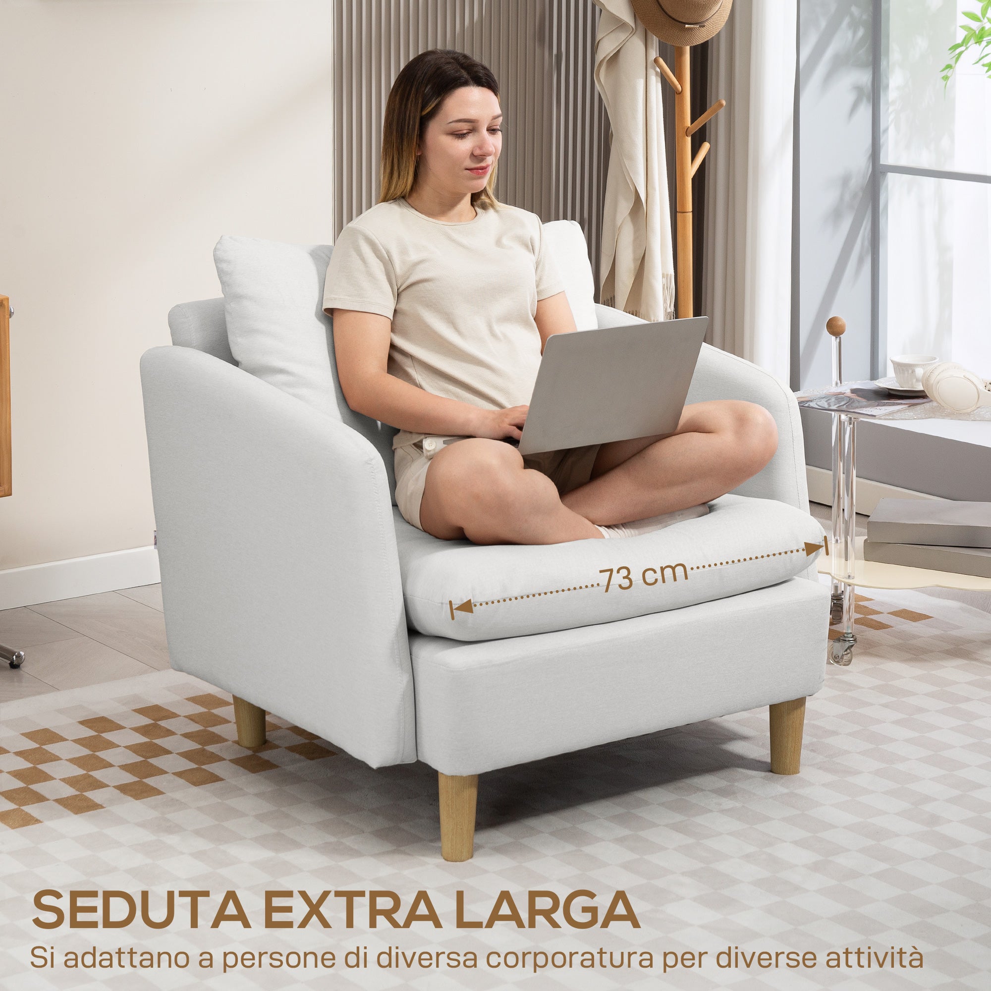 Modern Living Room Armchair, Bedroom and Living Room Armchair in Fabric with Wide Seat and Thick Padding with Pocket Springs, Cream White