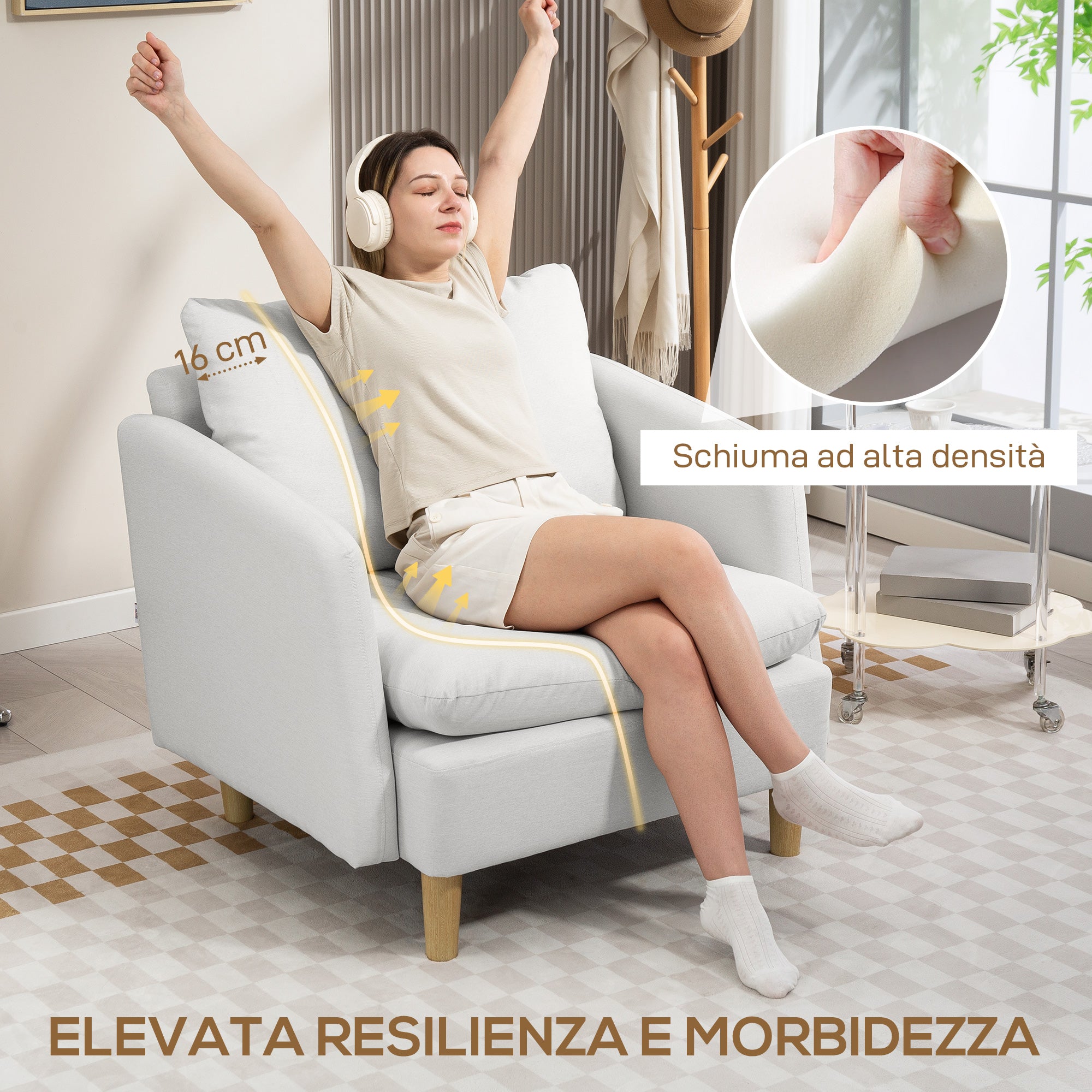 Modern Living Room Armchair, Bedroom and Living Room Armchair in Fabric with Wide Seat and Thick Padding with Pocket Springs, Cream White