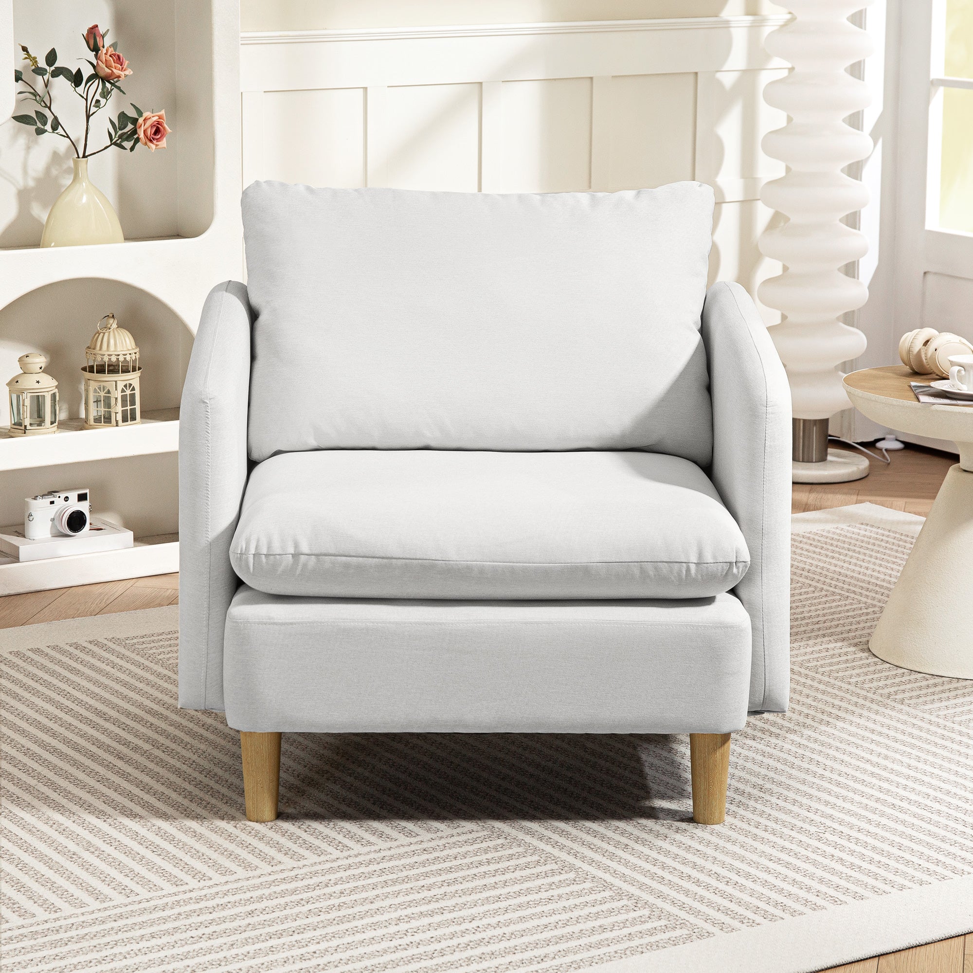 Modern Living Room Armchair, Bedroom and Living Room Armchair in Fabric with Wide Seat and Thick Padding with Pocket Springs, Cream White