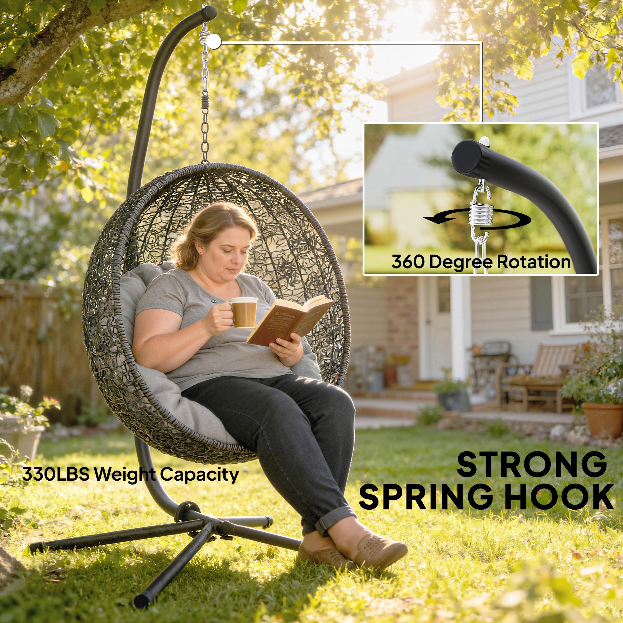 C-Frame Hanging Chair Stand — Height-Adjustable Metal with Suspension Chain, Up to 150 kg (330 lb), Indoor/Outdoor, Black
