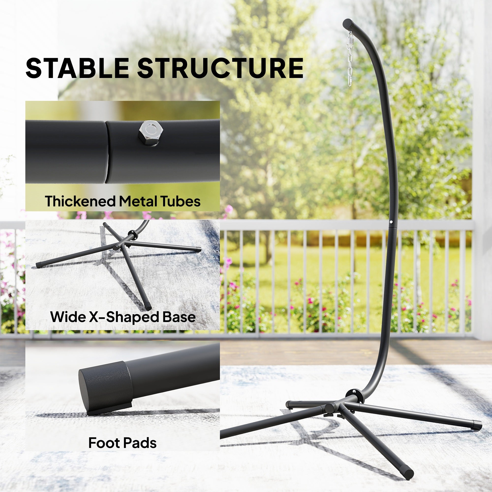 C-Frame Hanging Chair Stand — Height-Adjustable Metal with Suspension Chain, Up to 150 kg (330 lb), Indoor/Outdoor, Black