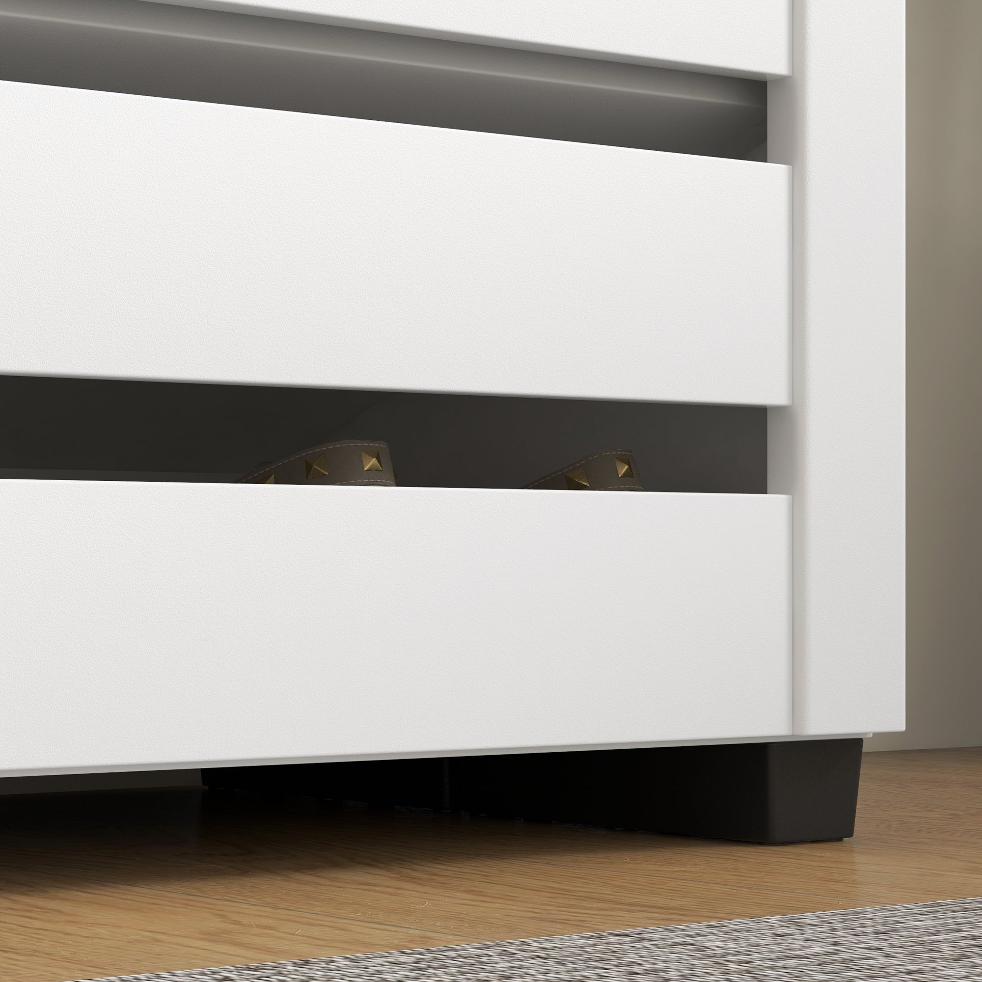 5-Level Shoe Rack with 4 Adjustable Shelves and Slatted Doors, Modern Space-Saving Shoe Organizer in Wood, 76x33x98 cm, White